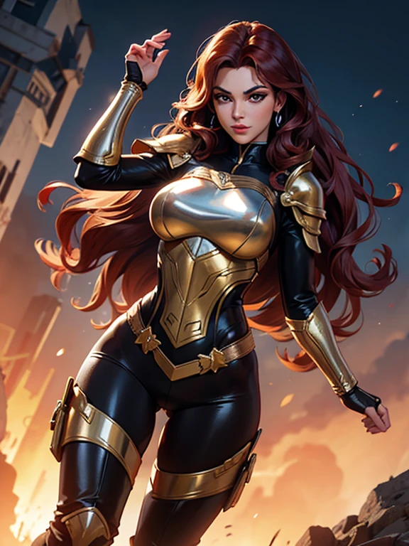Best quality, 8K, action pose, woman vintage super hero, beautiful and detailed face, red curly long hair,big eyelashes,LOOKING TO observer,gold and silver metalic armour over bodystocking, SHINY GLOSSY PANTYHOSE,black belt,over the knee boots,white neutral scenario