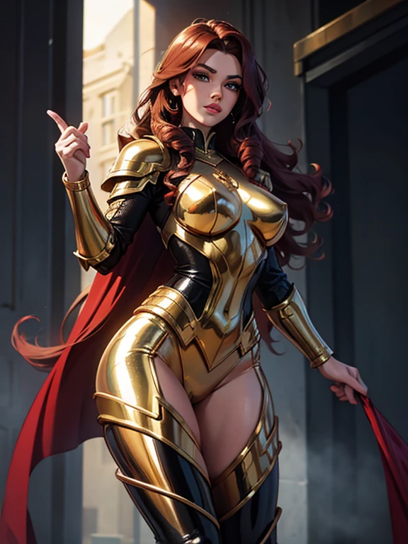 Best quality, 8K, action pose, woman vintage super hero, beautiful and detailed face, red curly long hair,big eyelashes,LOOKING TO observer,gold and silver metalic armour over bodystocking, SHINY GLOSSY PANTYHOSE,black belt,over the knee boots,white neutral scenario