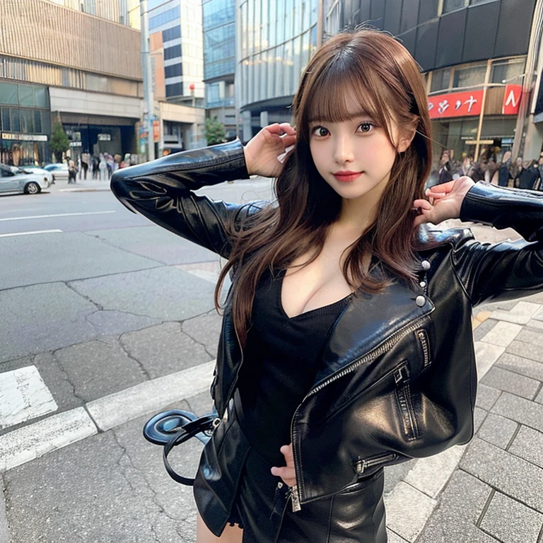 A girl wearing a black leather jacket, no bra, very beautiful cleavage, no panties, a beautiful vagina, a very beautiful crotch, very beautiful eyelashes, a very beautiful tear bag, a very beautiful brown-haired girl, a model Japanese girl, a Japanese girl, a hotel in the background, a girl with her legs spread, black She&#39;s wearing a tight leather miniskirt, she&#39;s wearing a black leather jacket, she&#39;s wearing no bra, she&#39;s got really nice cleavage, she&#39;s wearing no panties, she&#39;s got really nice crotch, she&#39;s got really beautiful eyelashes, she&#39;s got really beautiful tear bags. has her legs spread. She is wearing a tight black leather miniskirt. Smiling. Red face. Brown hair. Has bangs. Ulzzang hair. NSFW.