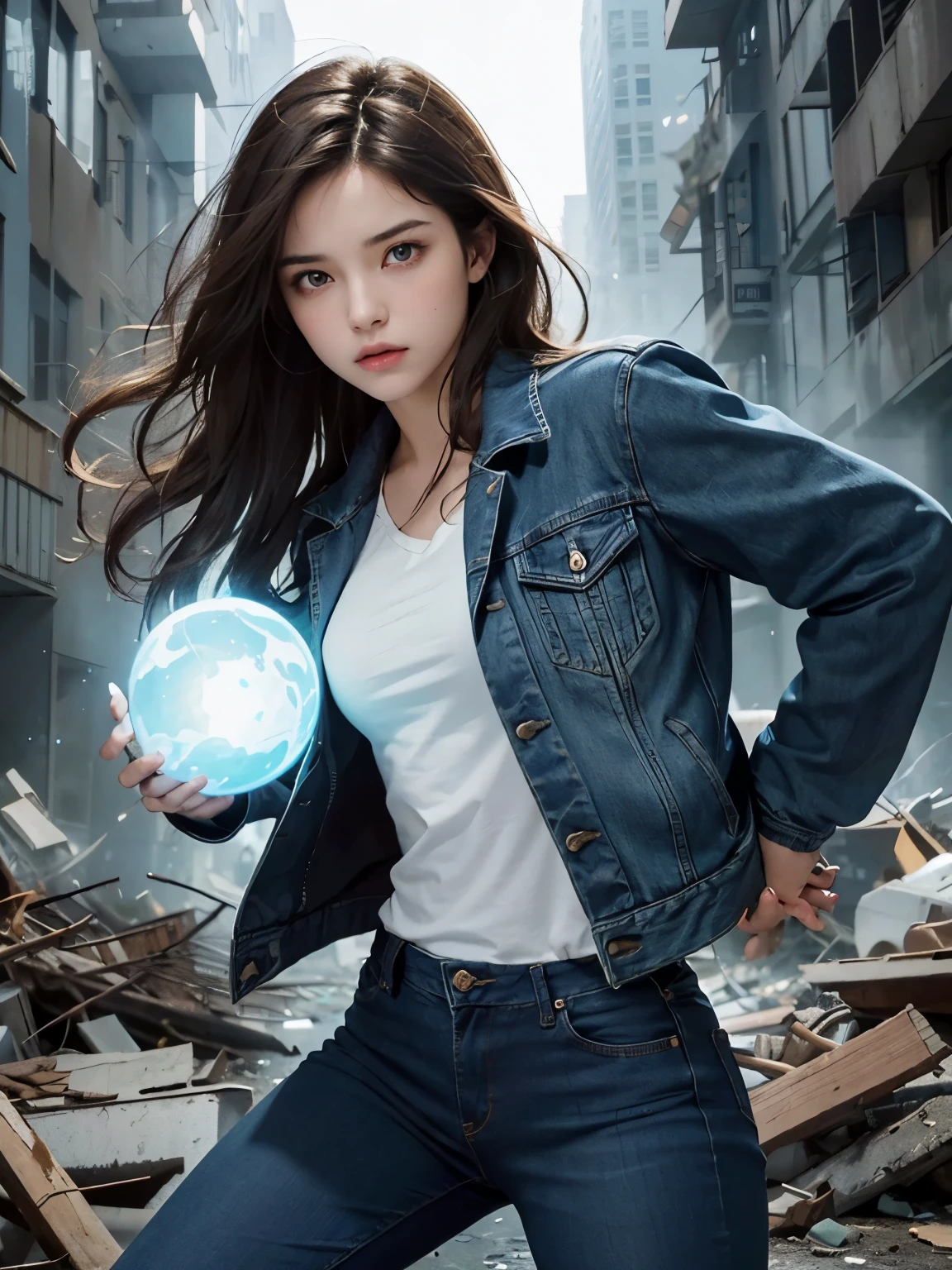 A beautiful woman. eighteen. Dark brown hair. Blue jeans on jacket. She is looking at the camera with an angry expression. She holds out one hand toward the camera, and a magical ball of energy that glows light blue is born there. She is standing in a city that has been reduced to rubble.
