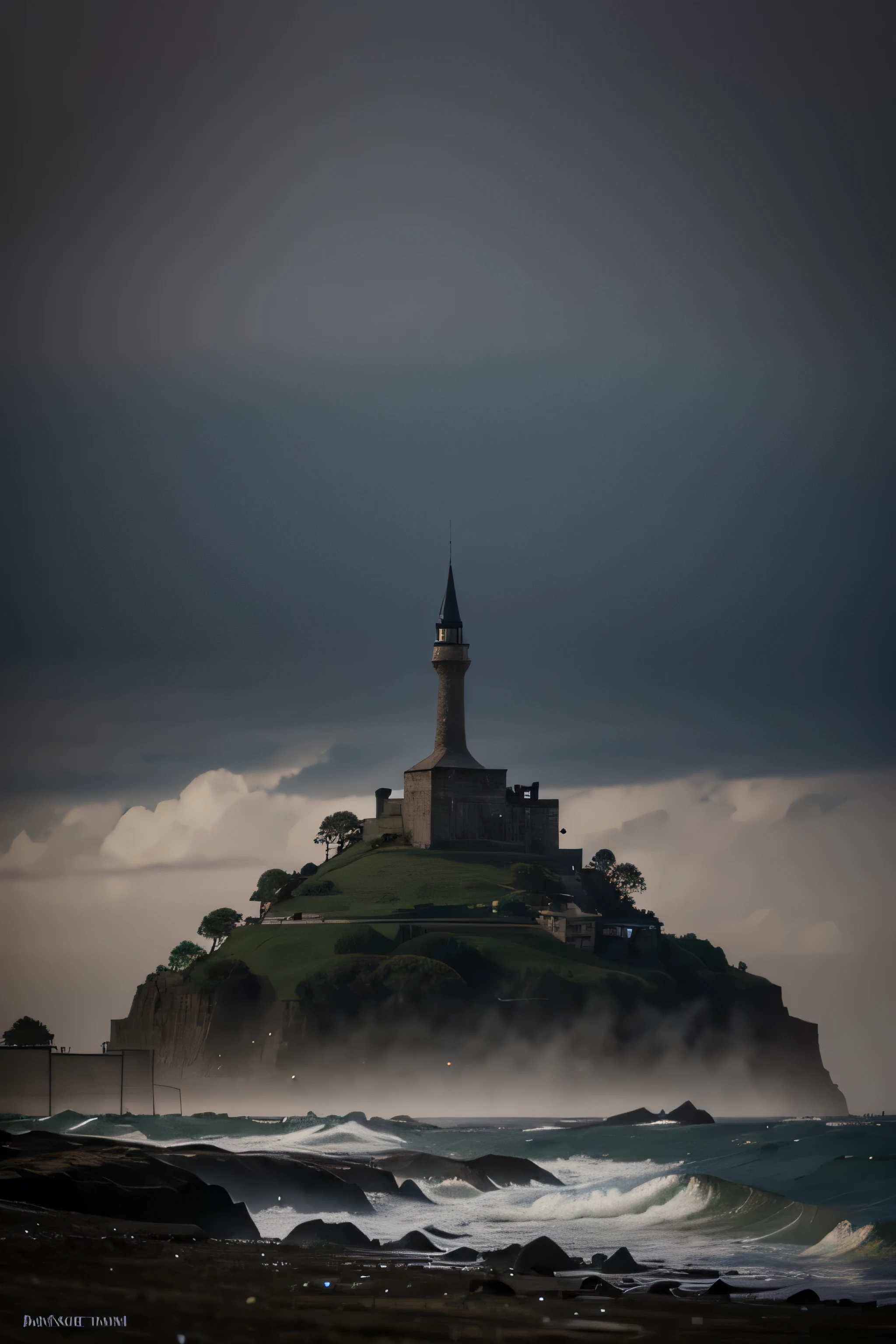 Tall medieval tower shrouded in dark shadowed fog on a rock on a far away distance from land as oceans surrround it