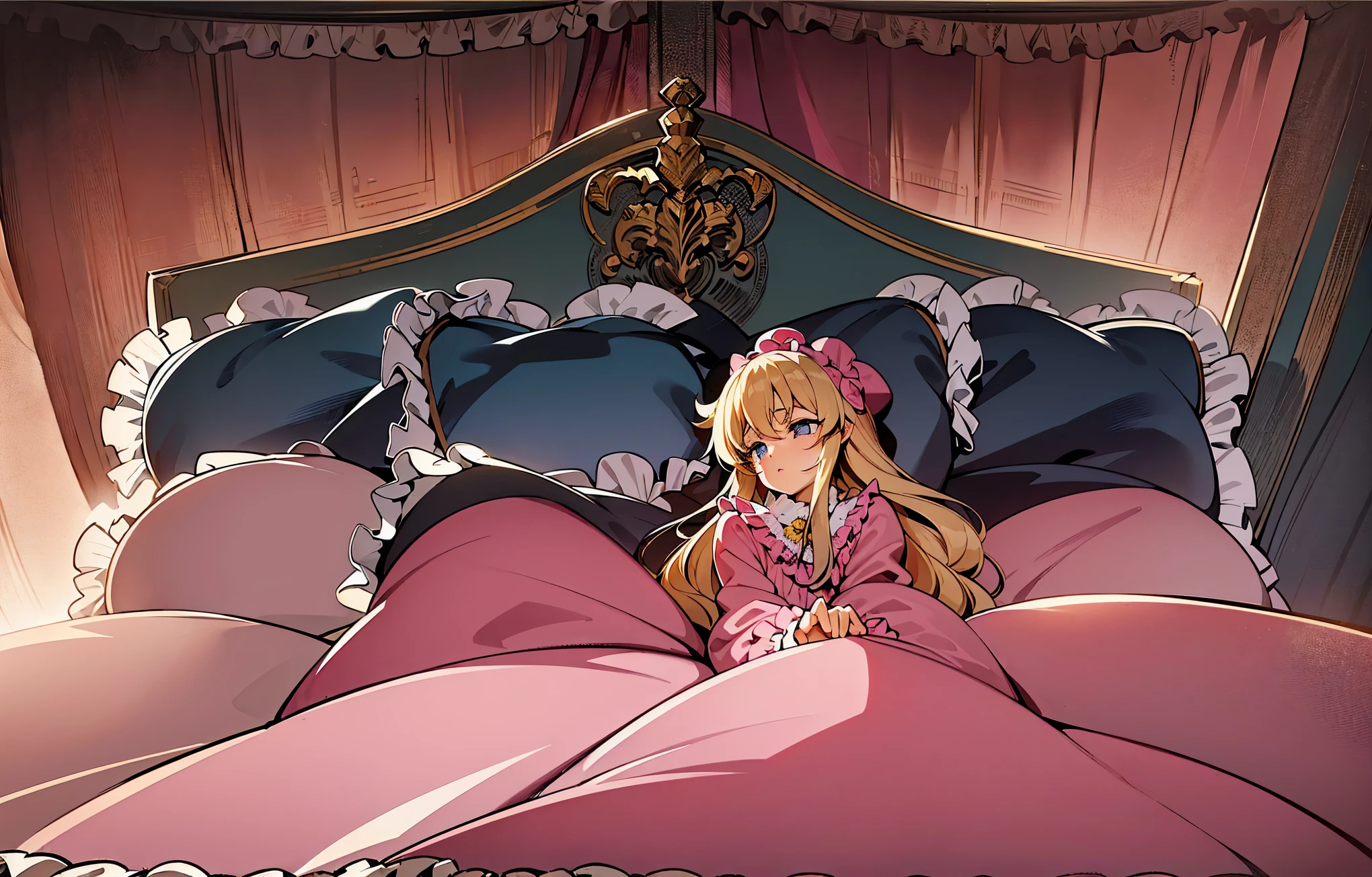 ,highest quality, masterpiece, highest resolution, artwork, super それにget used to it, many get used to it, get used to it, それにget used to it, 3K 90s anime illustration,(( 10 year old girl)),Super detailed baby face,high quality small face,long blonde hair that grows to the waist,blue eyes,白い肌のeuropean,pajamas, european,(((super long blonde hair))),curly hair,blue eyes,((((ピンクのロリータファッションのlong skirtのワンピースドレス)))),((Pink nightgown with lots of frills and ribbons)),((Luxurious nightcap with frills and ribbons)),detailed headdress,,(((big yoke collar))),Yoke collar with ruffles and ribbons,((((long sleeve)))),ruffle sleeves,((((long skirt)))),white ruffle and lace socks,large frill and ribbon pillow,(((Nice pink outfit))),豪華なcanopy bedの上,canopy bed,The bed is surrounded by luxurious curtains,many frilly pillows on the bed,There are many frilly pillows behind the girl.,super detailed background,detailed bed,soft pink comforter,Highly detailed soft ruffle pillow,Beautiful girl illustration,detailed beautiful face,thin hair,detailed eye ,detailed eyes,detailed mouth, arm details,fine hands,Detailed pillow,wide bed,Illustration on the bed, ,((((round futon)))),((((A large ruffled futon that covers the entire bed)))),detailed comforter,detailed bedシーツ,Before bedtime,romantic atmosphere,palace bedroom,((((The lower half of my body is completely wrapped in a large fluffy futon.)))) The girl is leaning on a pile of pillows, ,((((round futon)))),((((A large ruffled futon that covers the entire bed)))),