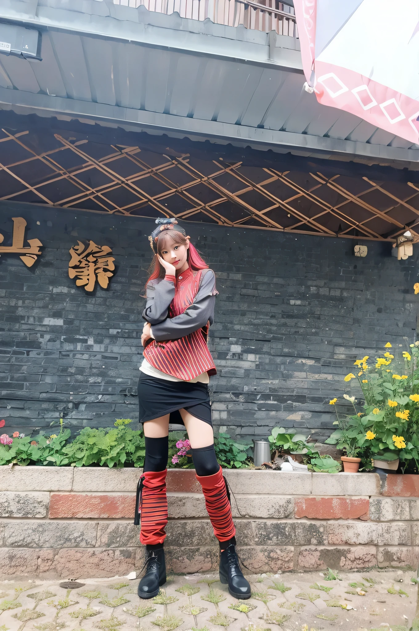 There is a Taiwanese beauty standing on the wall, Wearing old traditional clothes, Shot with Canon 80D, Black and red cotton and linen clothing, Matching headgear, Shot with Canon EOS 5D, fashion pose, full pose, full body photo, tall figure, multi-layer clothing, full body xianxia, Strike a cool pose