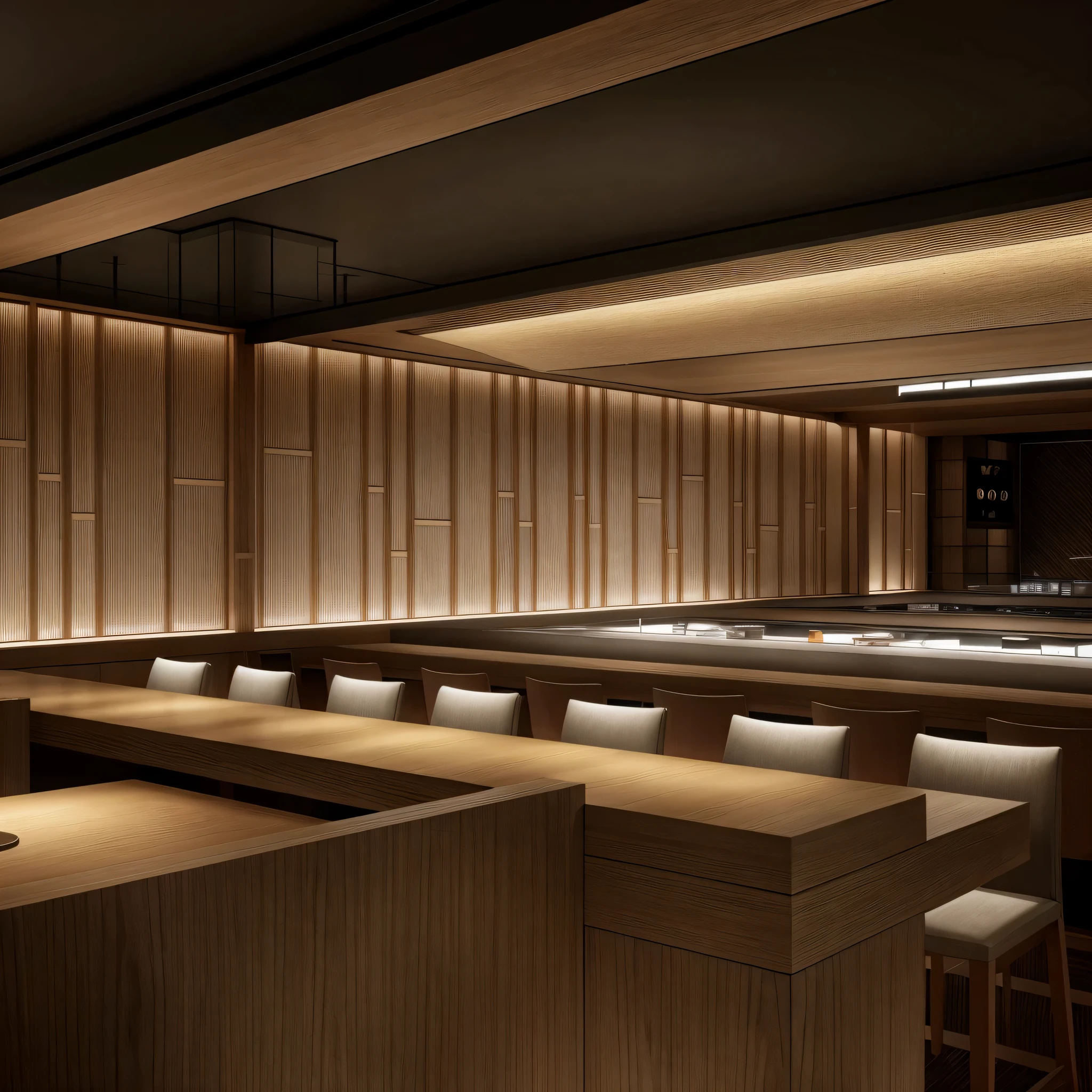 il y a un dessin d'un restaurant avec une longue table, a digital le rendu, digital le rendu, detailed le rendus, Koji Morimoto Shinjuku, detailed le rendu, inspired by Takeuchi Seihō, une illustration d'un bar/salon, digitally painted, conceptual le rendu, inspired by Kono Michisei, inspired by Miyagawa Chōshun, le rendu