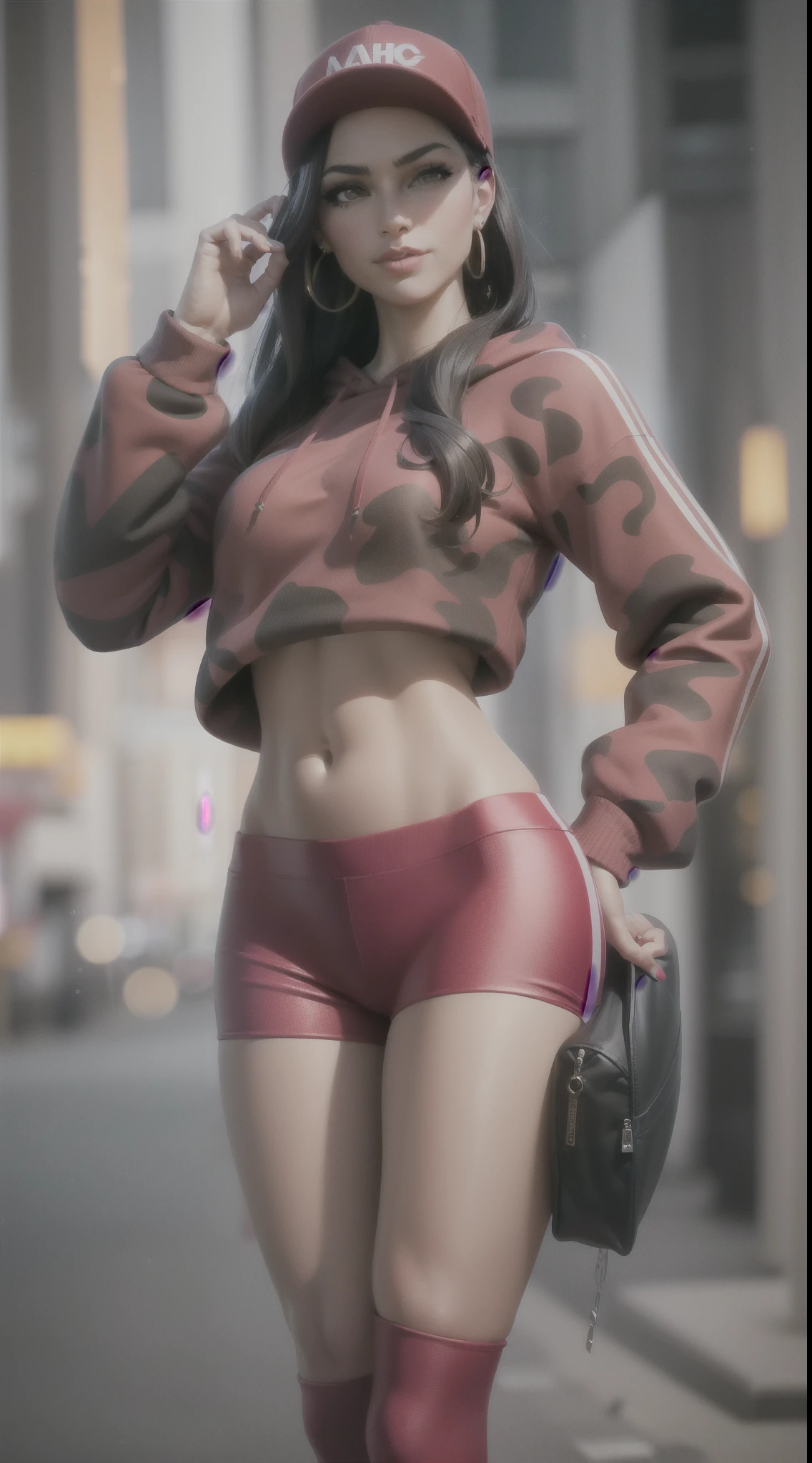 1girl, beautiful,  smirk, wearing a hat, earrings, red camo sweatshirt, red_legwear, long hair, brown hair, mascara, nose lips, standing, midriff, naval, earrings, (realistic:1.5), cyberpunk, neon city, neon lights, 3d, cgi, volumetric lightning