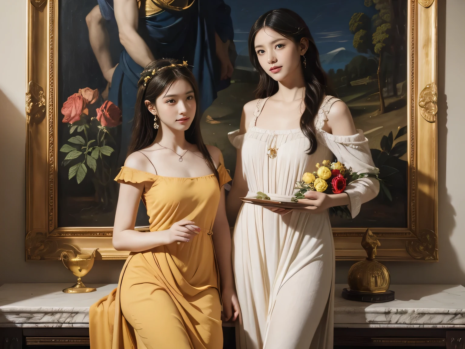 full body portrait or statue、Giorgione painting style,Arguments of two female Philosophe,math、astronomical machine、astronaut、roses in vase、fruits、Cute trinkets、smile、ancient greek costume、Ancient Roman landscape in the style of Nicolas Poussin,laughter,,Sweet and seductive appearance.、Caravaggio's paintings、Chiar