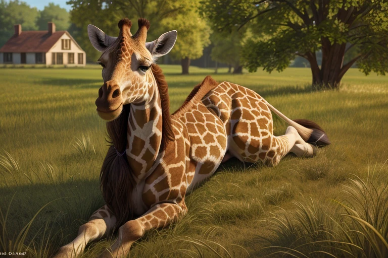 ((Naked solo Woman outside in grass opened field)),(((woman with freckles))), (((hint of shoulder frecklerecklereckled armreckled chest!!!))), ((light cute freckles)), ((sparse freckles)), center focus, long neck, long legs, giraffe spots, hoove, ((fluffy)), fluffy woman, ((body fur)), ((animal nose)), two-tone fur, gaze at the viewer, half-closed eyes, 1girl, solo, full body, (masterpiece:1.21), (best quality:1.2), (illustration:1.2), (cinematic lighting:1.3), ((detailed fur)), balanced coloring, global illumination, ray tracing, good lighting, a giraffe laying on top of a lush green field, a hyper realistic painting, inspired by Stevan Dohanos, trending on cg society, sexy girl, in front of the house, realistic cosplay, photorealistic - h 6 4 0