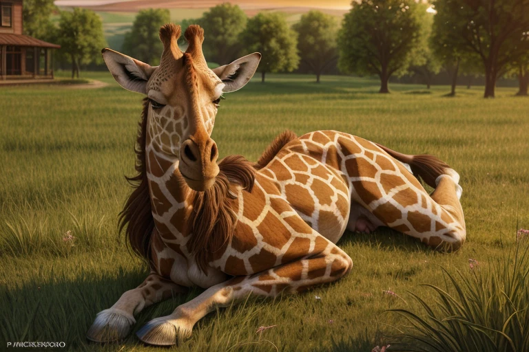 ((Naked solo Woman outside in grass opened field)),(((woman with freckles))), (((hint of shoulder frecklerecklereckled armreckled chest!!!))), ((light cute freckles)), ((sparse freckles)), center focus, long neck, long legs, giraffe spots, hoove, ((fluffy)), fluffy woman, ((body fur)), ((animal nose)), two-tone fur, gaze at the viewer, half-closed eyes, 1girl, solo, full body, (masterpiece:1.21), (best quality:1.2), (illustration:1.2), (cinematic lighting:1.3), ((detailed fur)), balanced coloring, global illumination, ray tracing, good lighting, a giraffe laying on top of a lush green field, a hyper realistic painting, inspired by Stevan Dohanos, trending on cg society, sexy girl, in front of the house, realistic cosplay, photorealistic - h 6 4 0