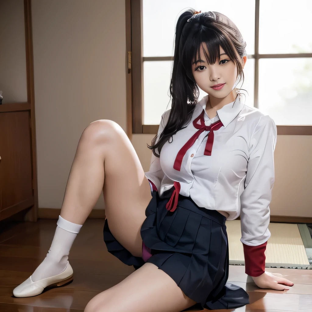 ((Japanese high school uniform)),Wear a short pleated skirt 、Silk panties sticking out、panty shot、focus on panties、soft skin body、ponytail, japanese girl, 8K, huge breasts,full body shot、 highest quality, masterpiece, realistic, Photorealistic super detail, one girl, cute, best smile, beautiful eyes, long hair, perfect face,full body shot