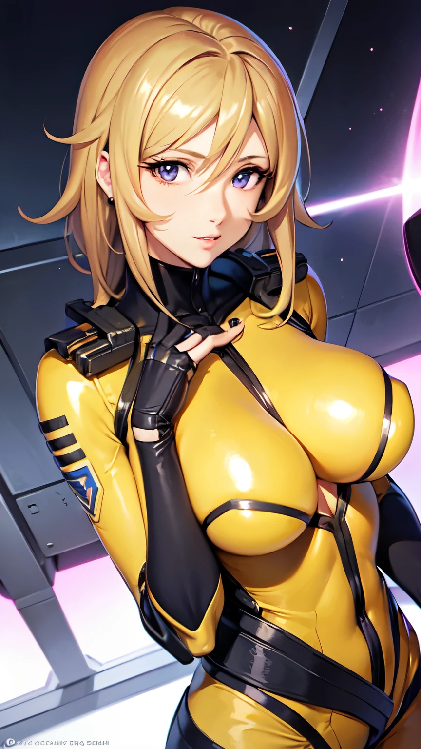 Milf, woman in a futuristic suit, highly detailed face, cool, mom, tomboy, very large breast, (Milf), mature face, (mature female), cybersuit, anime girl wearing tight suit, milfication, Elegant body, navel focus, naked body, gloves, earrings, science fiction, female protagonist, standing, volumetric light, detailed lighting, detailed textures, oppai cyberpunk, biomechanical oppai, masterpiece, best quality eyes, sci-fi background, futuristic landscape, (((yellow body suit))), (chuby)
