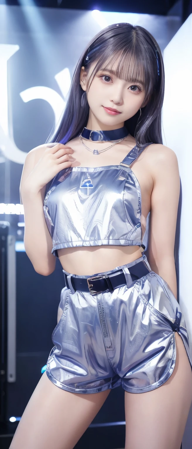 Gorgeous Cyber Idol Girl、、Shiny blue overall shorts、、、good style、whole body、、shiny belt、、silver hair、