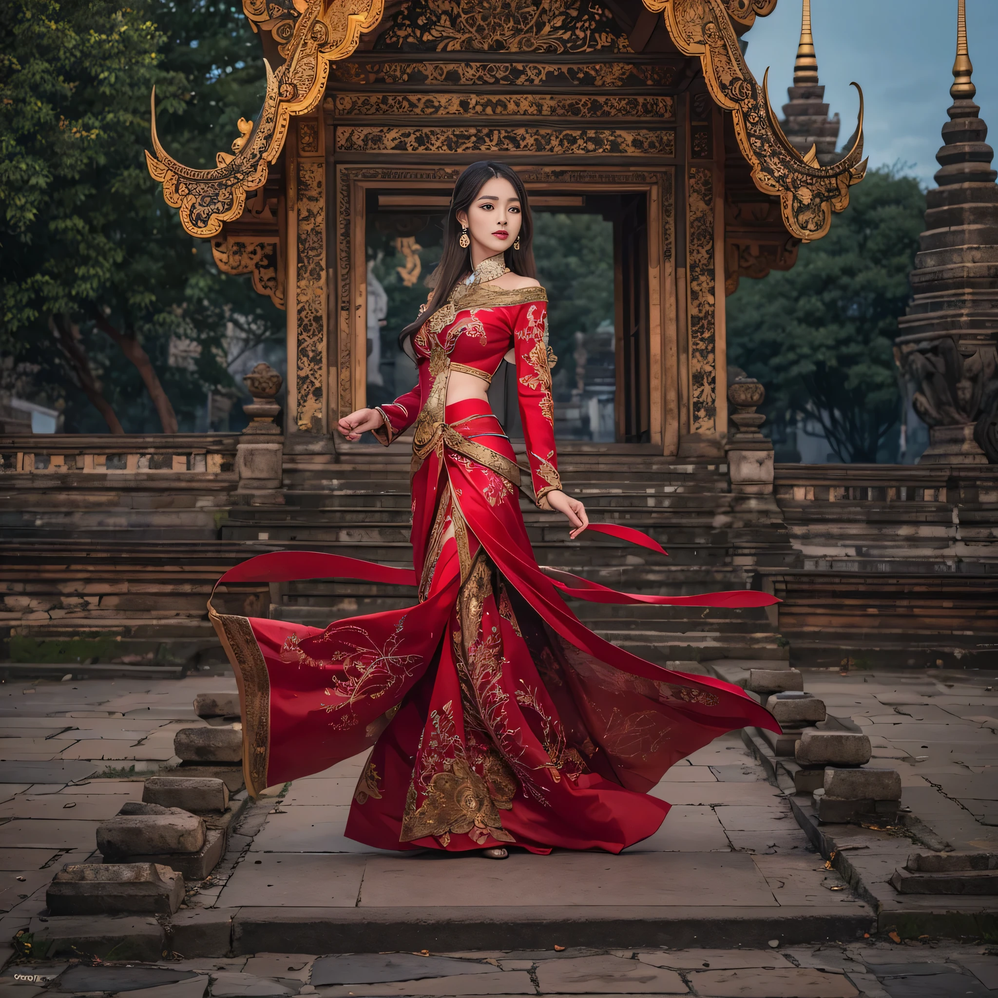 Female, 17 years old, long straight hair, smooth, beautiful skin, tall and slender. (Thaksaorn App,prototype)Wear Thai dress Apsorn,Red diamond, Thai pattern, dancing beautifully in front of the ancient castle.(light and shadow,night starlight moon nature) The backdrop is an ancient Khmer era castle, but still beautiful.( full body,14k, ) auto resize