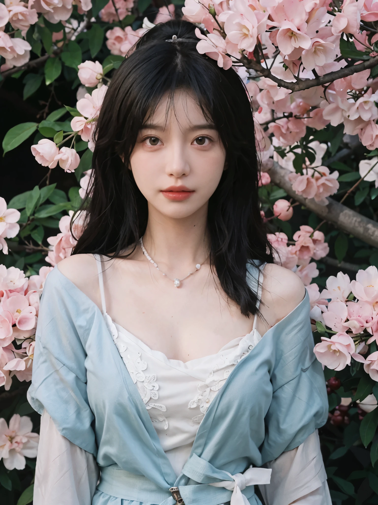 best quality, ultra high resolution, (realistically:1.4), Cute tiara,Baoyu Girl, A pair of clear and charming peach blossom eyes,Royal sister,The sun shines on the face,Long curly hair,(under the cherry blossom tree:1.4),(necklace:1.2),(White skin:1.4),(Full body female love:1.2)a sense of atmosphere,a beautiful girl,looking directly at the viewer, Close-up cleavage ,(lifelike:1.4),1 girl,Sexy,(Upper body:1.4),(wet),(:1.2)