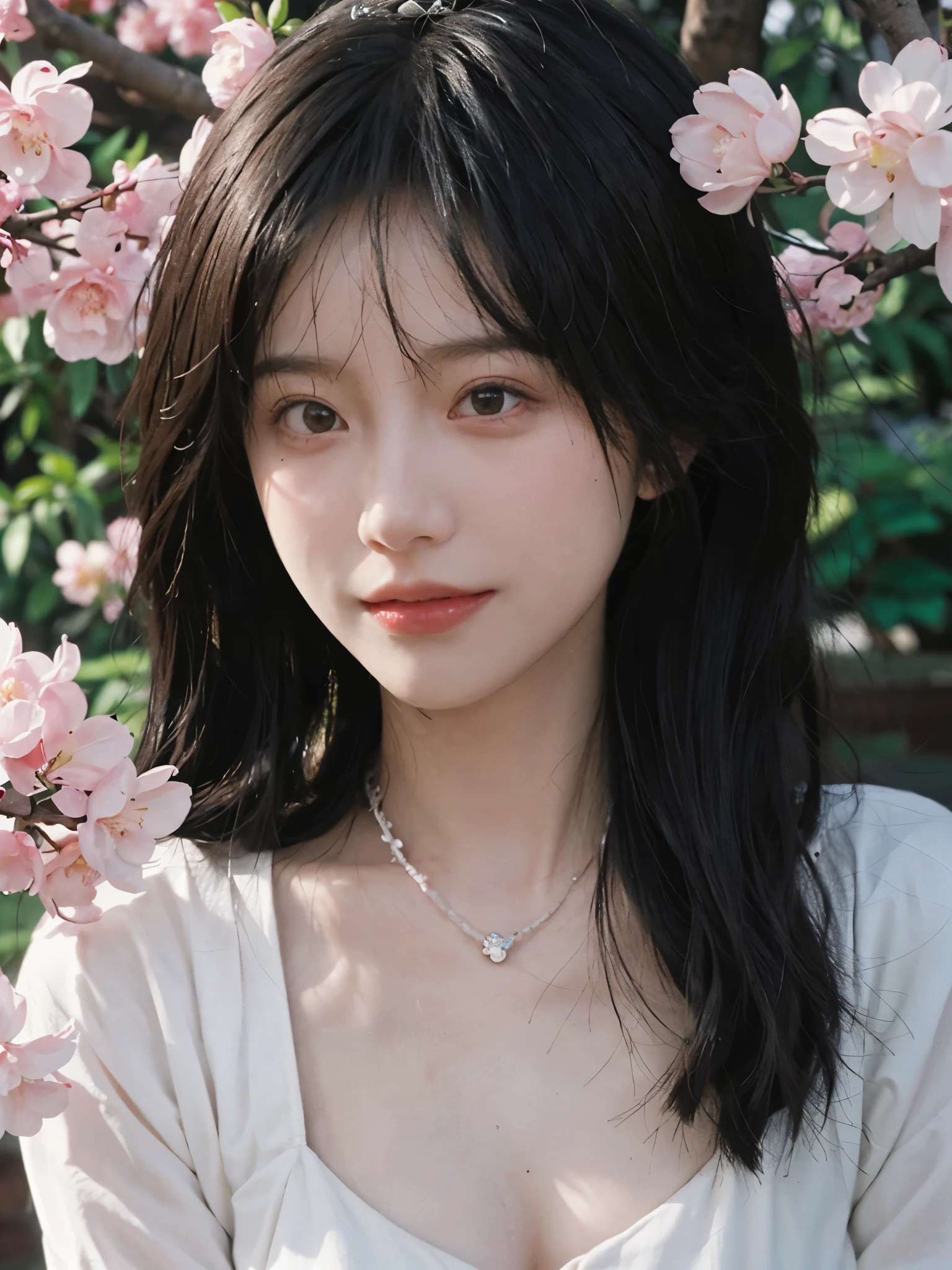 best quality, ultra high resolution, (realistically:1.4), Cute tiara,Baoyu Girl, A pair of clear and charming peach blossom eyes,Royal sister,The sun shines on the face,Long curly hair,(under the cherry blossom tree:1.4),(necklace:1.2),(White skin:1.4),(Full body female love:1.2)a sense of atmosphere,a beautiful girl,looking directly at the viewer, Close-up cleavage ,(lifelike:1.4),1 girl,Sexy,(Upper body:1.4),(wet),(:1.2)