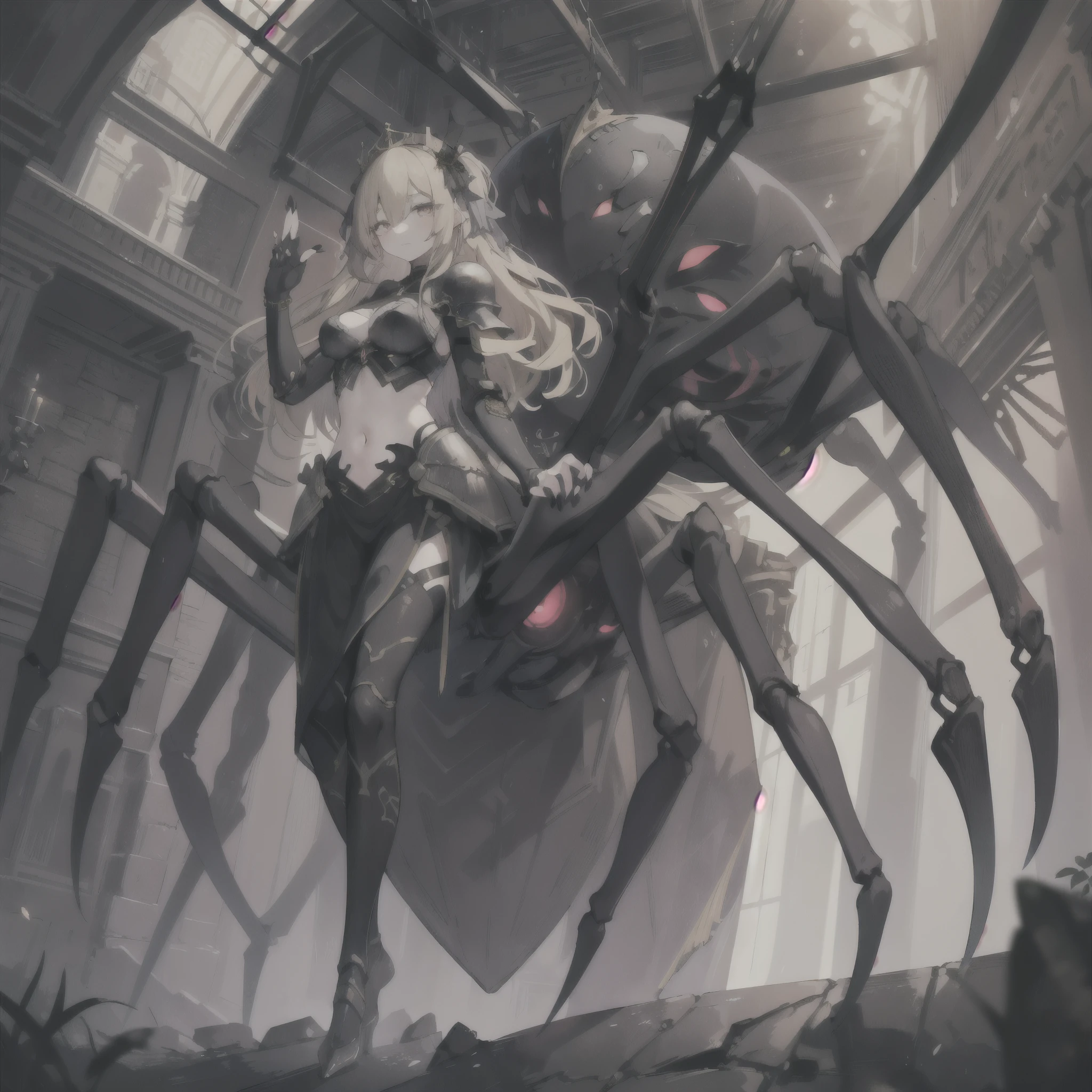 highest quality, very detailed, masterpiece, steampunk,
1 girl, alone, ************, young queen, Arachne, Arthropod limbs, Spider, extra eyes, (blonde hair, long hair), No expression, full body shot, black tiara, abdomen, black armor, knight, (big nails:1.1), Raise your hand, look down, from below, cityscape, night, foggy, haze, Spider糸引き 