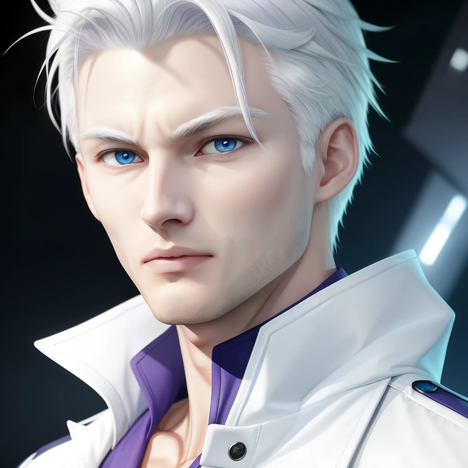 Boy, white hair, blue eyes, serious sharp features, white skin, purple shirt, blue jacket