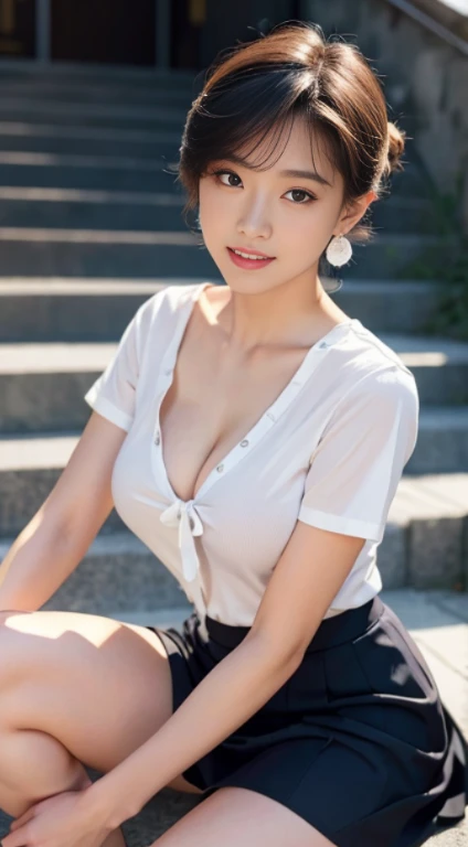 Korean , summer shirt, ribbon tie, skirt, school classroom, school stairs, chest thrusting pose, 8K RAW photo, high resolution, cool Korean at 17 years old, very big round breasts, cleavage, beautiful eyes in detail, long eyelashes, beautiful double eyelids, eyeshadow, eyeliner, slender eyes, elongated eye shape, sanpaku eyes, evil smile, evil expression, beautiful and very thin legs, beautiful and very thin thighs, random short hair, hair tied behind the head, earrings, bright blonde,