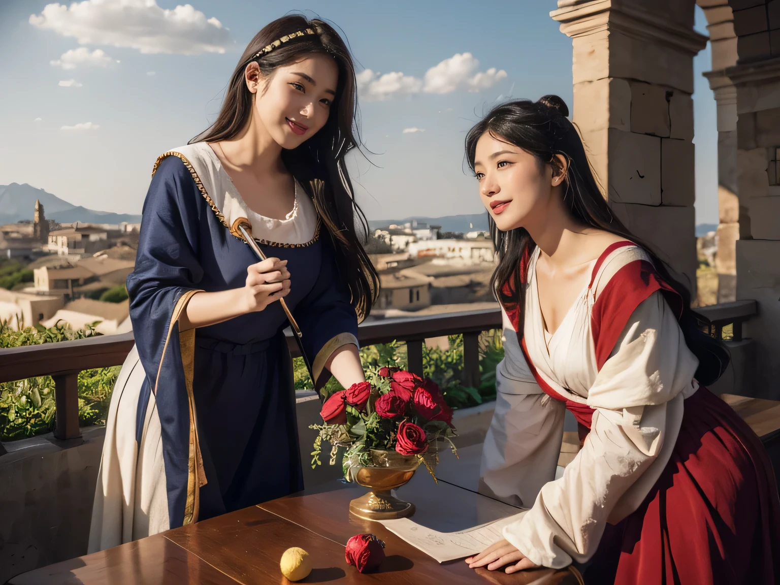 full body portrait or statue、Giorgione painting style,Arguments of two female Philosophe,math、astronomical machine、astronaut、roses in vase、fruits、Cute trinkets、smile、ancient greek costume、Ancient Roman landscape in the style of Nicolas Poussin,laughter,,Sweet and seductive appearance.、Caravaggio's paintings、Chiar