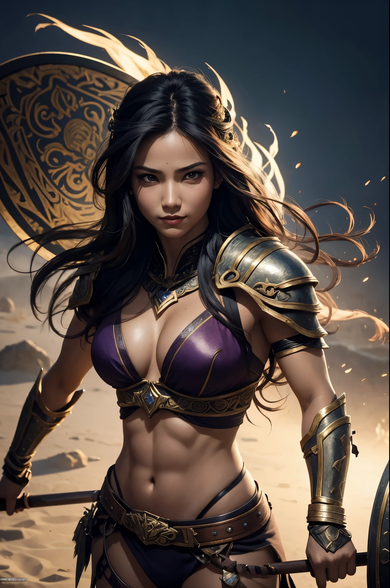 8K,exotic attractive female warrior,Super beautiful(like the real thing),sexyなビキニ,beautiful expression,grim expression,masterpiece,Photorealistic RAW photos of the highest quality。bright colors,rich colors, Backlight, cinematic lighting, film grain, to be born, 50MM lens, Nikon D850,super realistic skin,fantasy art,character art,ultra high resolution,realistic scale skin,Perfect hand shape,view audience,smile,beautiful expression,Close-up,muscular slim body,Makeup,sexy,dynamic pose,Close-up,emphasize cleavage,whole body,tanned skin,southern warrior,Equipped with a long and large spear,He is carrying a round shield on his left arm.,action pose,dynamic pose,perspective from above,fighting pose,