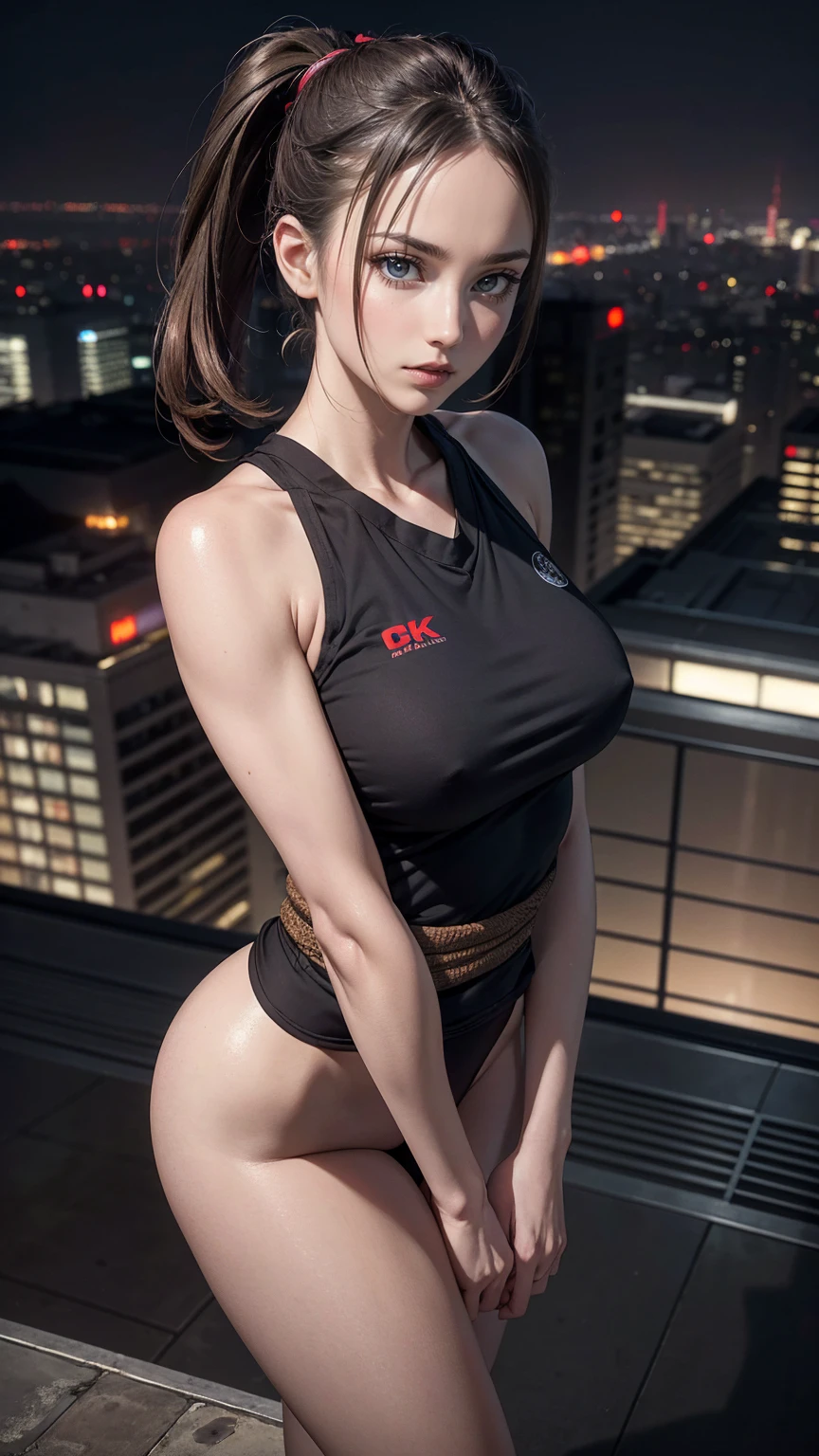 ((最high quality, 8K, masterpiece: 1.3, Ultra HD, high quality, 最high quality, High resolution, realism)) 、(high color saturation:1.0), (highly detailed skin), (最high quality:1.0), (超High resolution:1.0) ,(realistic:1.0), (Super detailed:1.0), (8K, Raw photo:1.1), slender、Slender, muscular body that's toned like an athlete's、Kunoichi((female ninja))、Being on the roof of a skyscraper at night