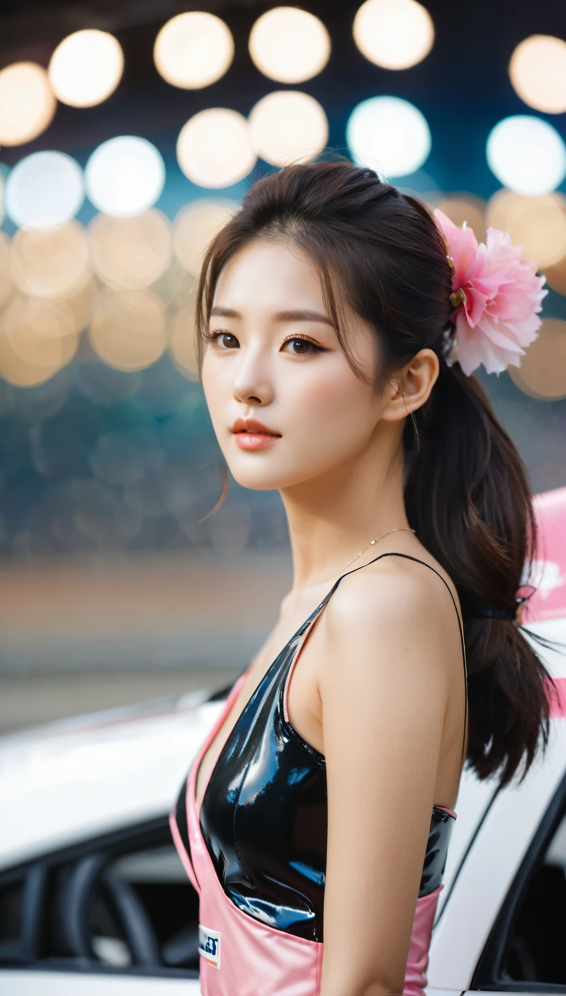 close-up, side shot of beautiful korean female, 34 inch breasts size, ponytail, wearing as race queen, bokeh background, Polaroid photo, UHD