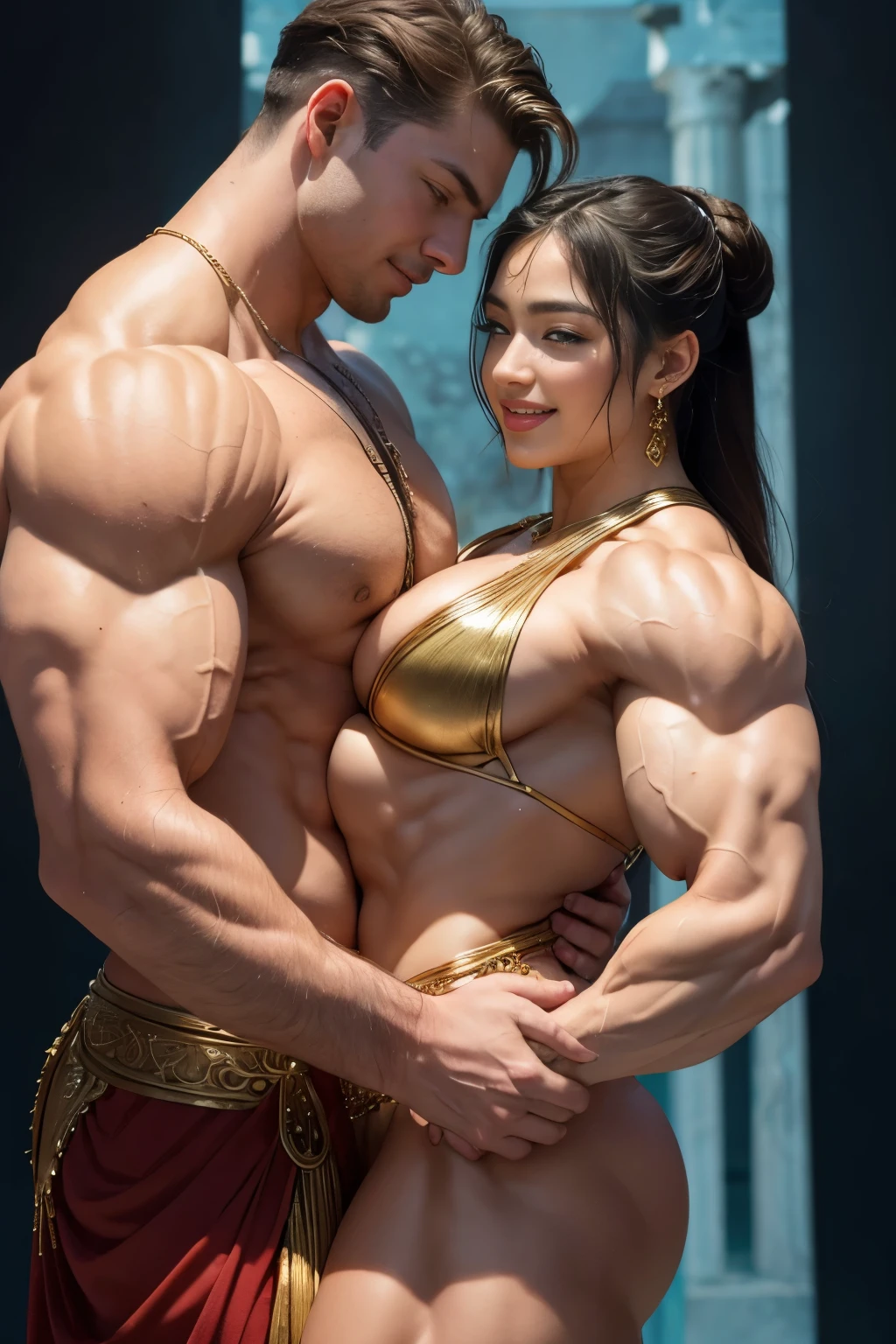 ((((Apollo and Cyrene hugging tightly each other, Greek Mythology)))), Ancient greece background, waistcoat, loincloth,expression of love, smile, (((a bodybuilder and female bodybuilder))), a handsome guy and a cute girl, (((very muscular body, vascularity, veins))), upper-body portrait, upper-body Image, real man and woman, barefeet, barefoot, (abnormally developed muscles), (((color Image))), masterpiece, best quality, high resolution