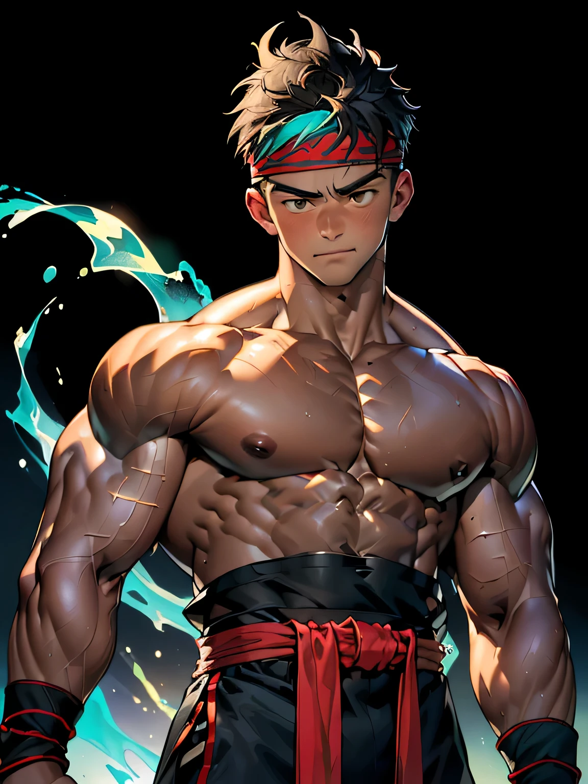 (Masterpiece, Best quality 18 year old boy, ((black background, strong lighting)), cowboy shot, looking away), solo, Young, boy, muscler, Shirtless, topless, (Dark Short straight hair, under cut, brown eyes), (red headband, ((wristband, weist sash))), Vivid colors, (hot Abs:1.2, abs!, big abs, big breast:1.2, chest!, muscler upper arms, mighty fist), (topless male), closed mouth, serious, muscler!, muscler body, Man with martial arts stance, (aura power:1.4), detailed face, detailed muscle, (((A magical turquoise mystical aura graces his upper body, radiating powerful spiritual energy, random action pose)))