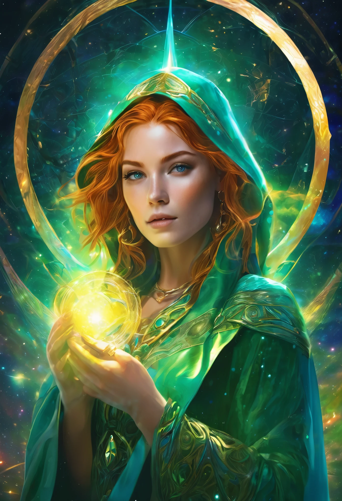 masterpiece, best quality, 1 girl, adult (elven:0.7) woman, freckles, turquoise eyes, ginger medium hair, portrait, solo, upper body, looking at viewer, detailed background, detailed face, (SilverSapphireAI theme:1.1) astral wizard, zodiac, dynamic pose, occult, aries, geometric symbolism, celestial power, bright light green lights, glow, aura, shine, metaphysics, reincarnation, floating particles, backlighting, cosmic space background, otherworldly ethereal atmosphere,