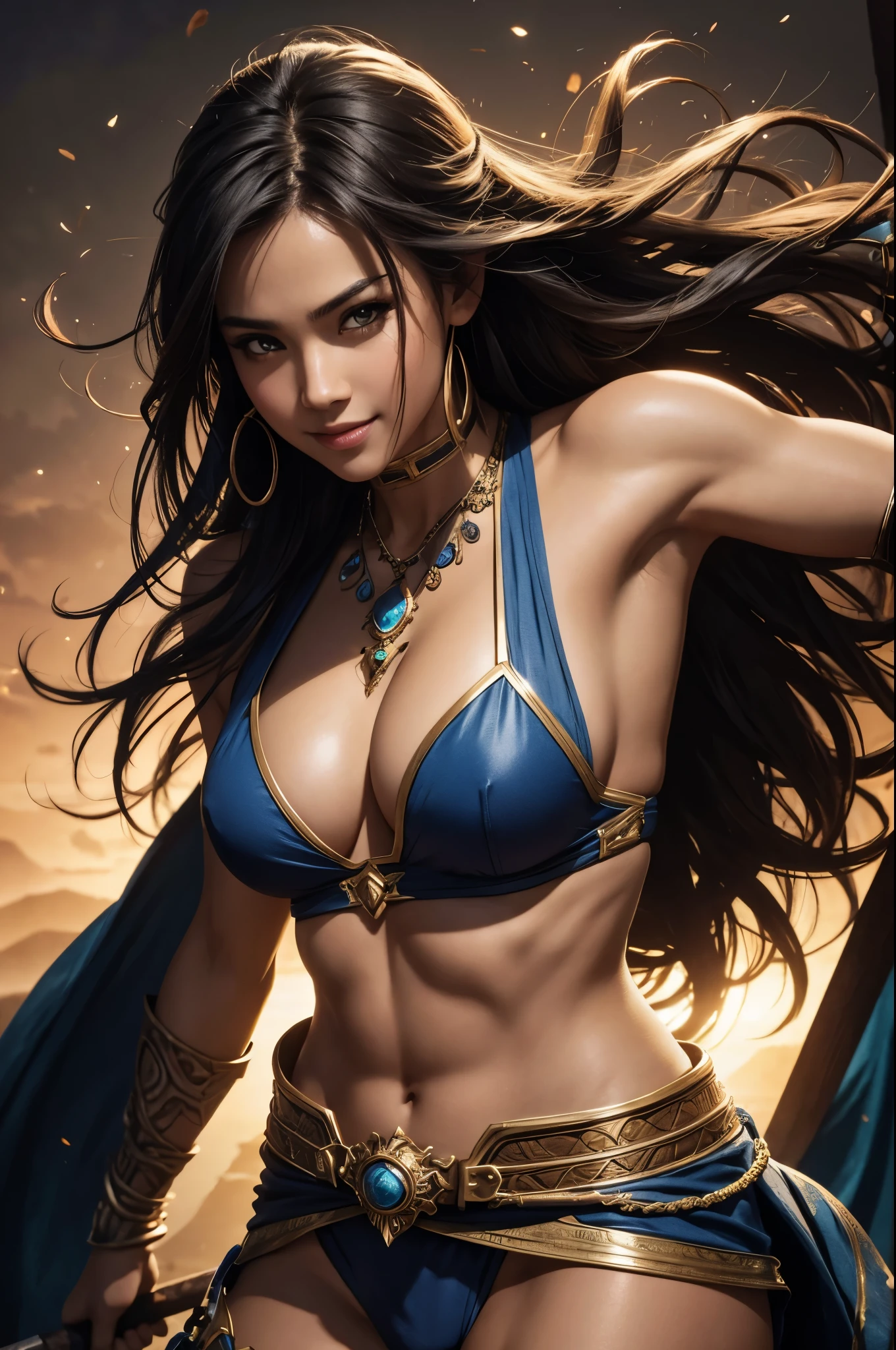 8K,exotic attractive female warrior,Super beautiful(like the real thing),sexyなビキニ,beautiful expression,grim expression,masterpiece,Photorealistic RAW photos of the highest quality。bright colors,rich colors, Backlight, cinematic lighting, film grain, to be born, 50MM lens, Nikon D850,super realistic skin,fantasy art,character art,ultra high resolution,realistic scale skin,Perfect hand shape,view audience,smile,beautiful expression,Close-up,muscular slim body,Makeup,sexy,dynamic pose,Close-up,emphasize cleavage,whole body,tanned skin,southern warrior,Equipped with a long and large spear,He is carrying a round shield on his left arm.,action pose,dynamic pose,perspective from above,fighting pose,