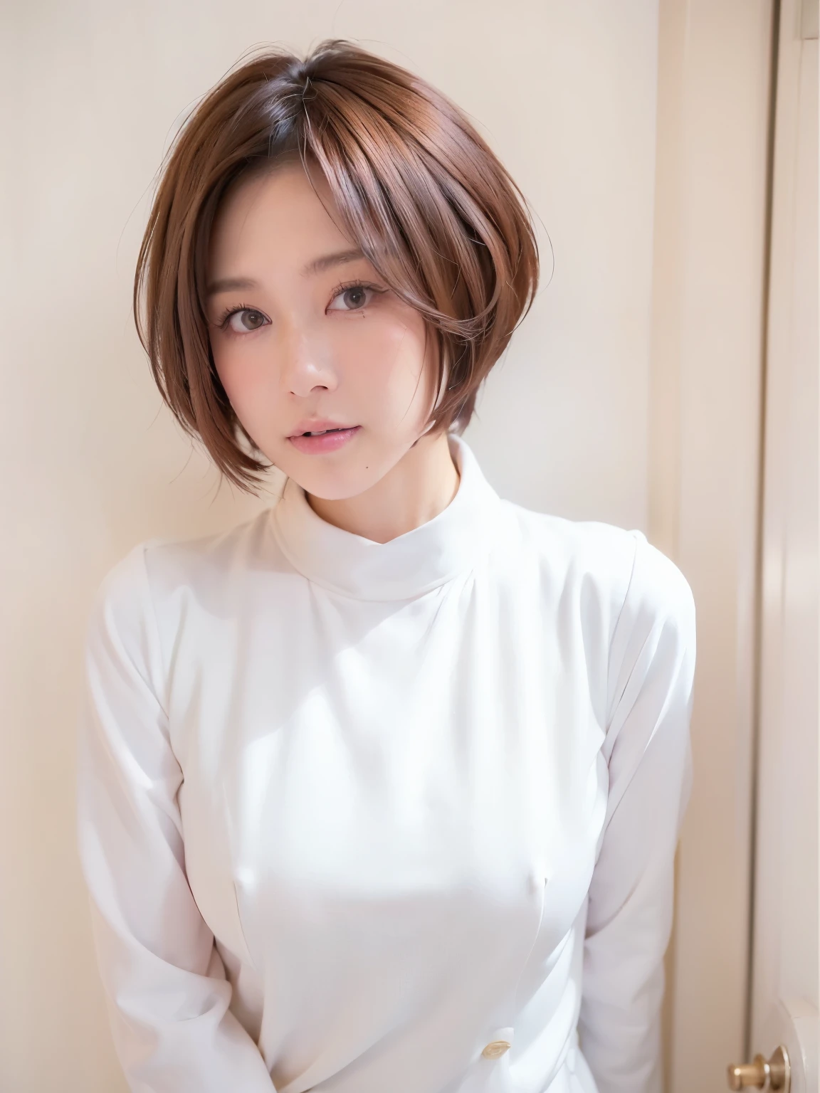 patterned long sleeve dress、table top、(background white wall、Taken in front of the white door:1.4)、((highest quality、8K、masterpiece:1.3))、Japanese woman in her 30s、ultra high resolution、(photogenuineistic:1.4)、Raw photo、Japanese,(face)、genuine、Photographed in natural light、Highly detailed face and skin texture、highly detailed lips、correct state of the human body、shortcut、short hair、short hair、brown hair、various poses、natural color lip、(She is facing to the left:1.2)