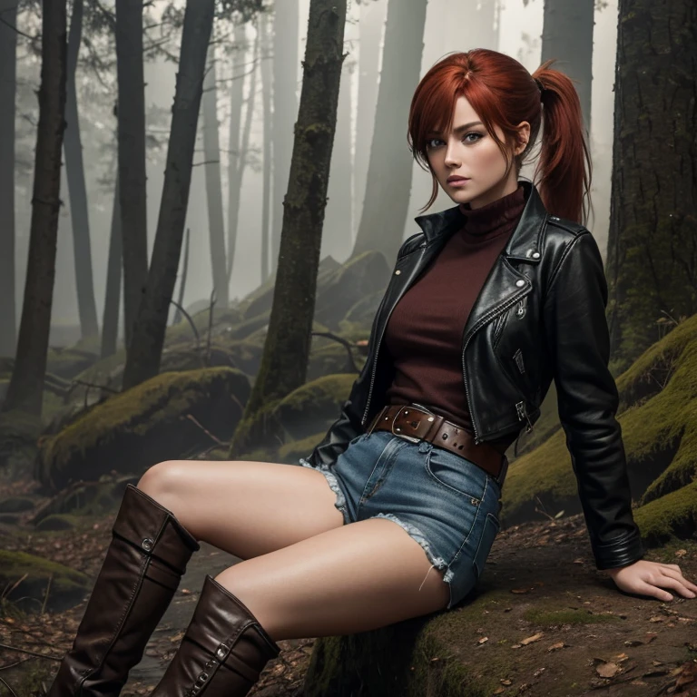 30-year-old woman reddish hair with a ponytail leather jacket ripped black jeans blue eyes yellow shirt leather belt brown boots looking straight at the viewer on a foggy forest background