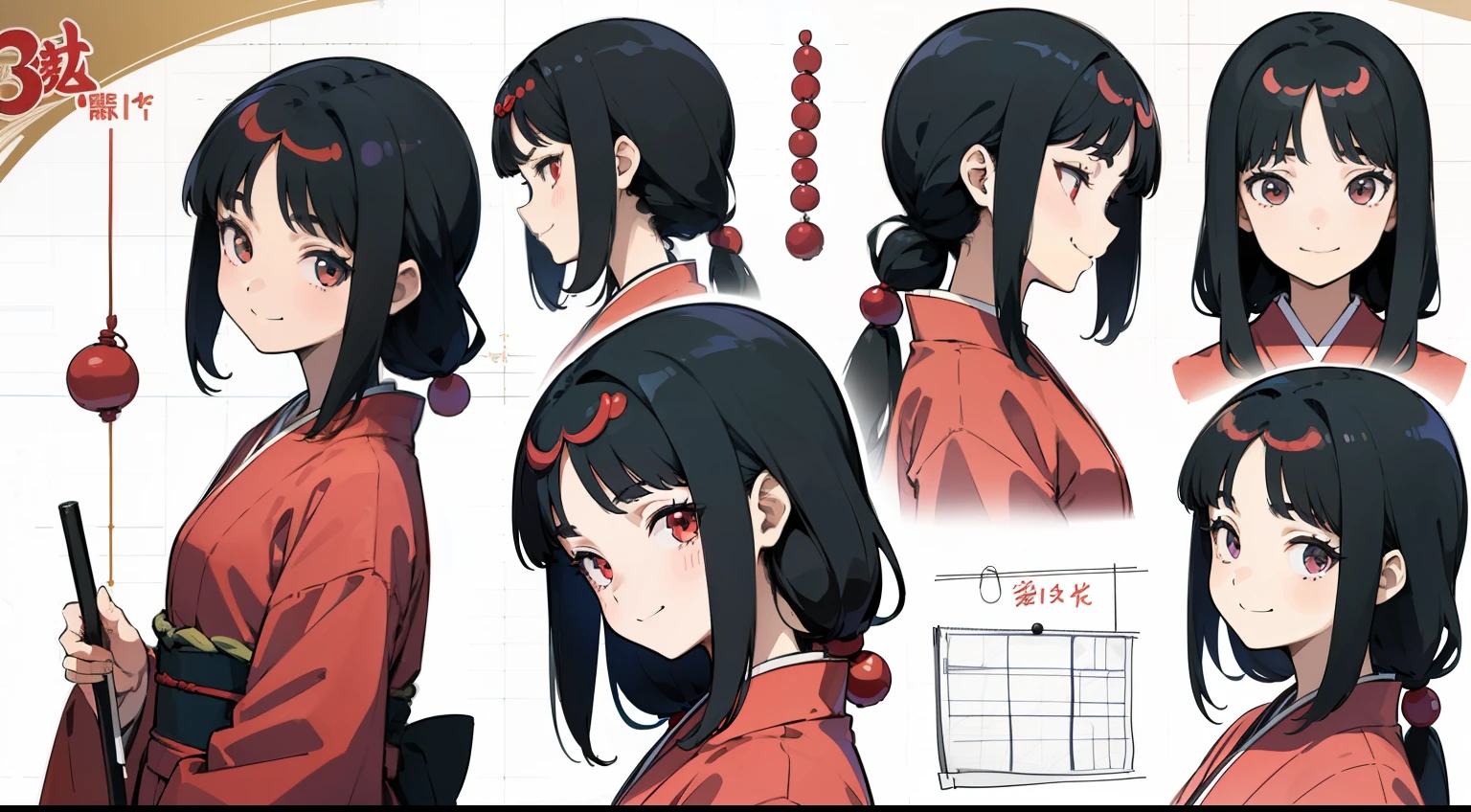 16 years old, Black Hair Girl, Hair length to the armpits (((Happy smiling face expression))) ,japanese kimono, ((Odango hairstyle)) (((detailed character sheet, Front view, Side view, 3/4 view)))