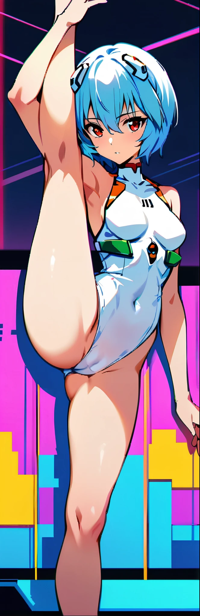 snfw,(highest quality:1.2),1 girl,alone,Are standing_Split,AYANAMI REI,(white leotard:1.2)、short hair,blue hair,bangs,interface headset,hair between eyes,pixelated background,neon light,SF color scheme,Bright colors,metallic texture,detailed shading,Holographic interface,dark atmosphere,high contrast,sharp focus,twig of hair,Reflective surface,exquisite details,High resolution,studio lighting,Red accents,Illuminated environment,artificial intelligence assistant、camel toe