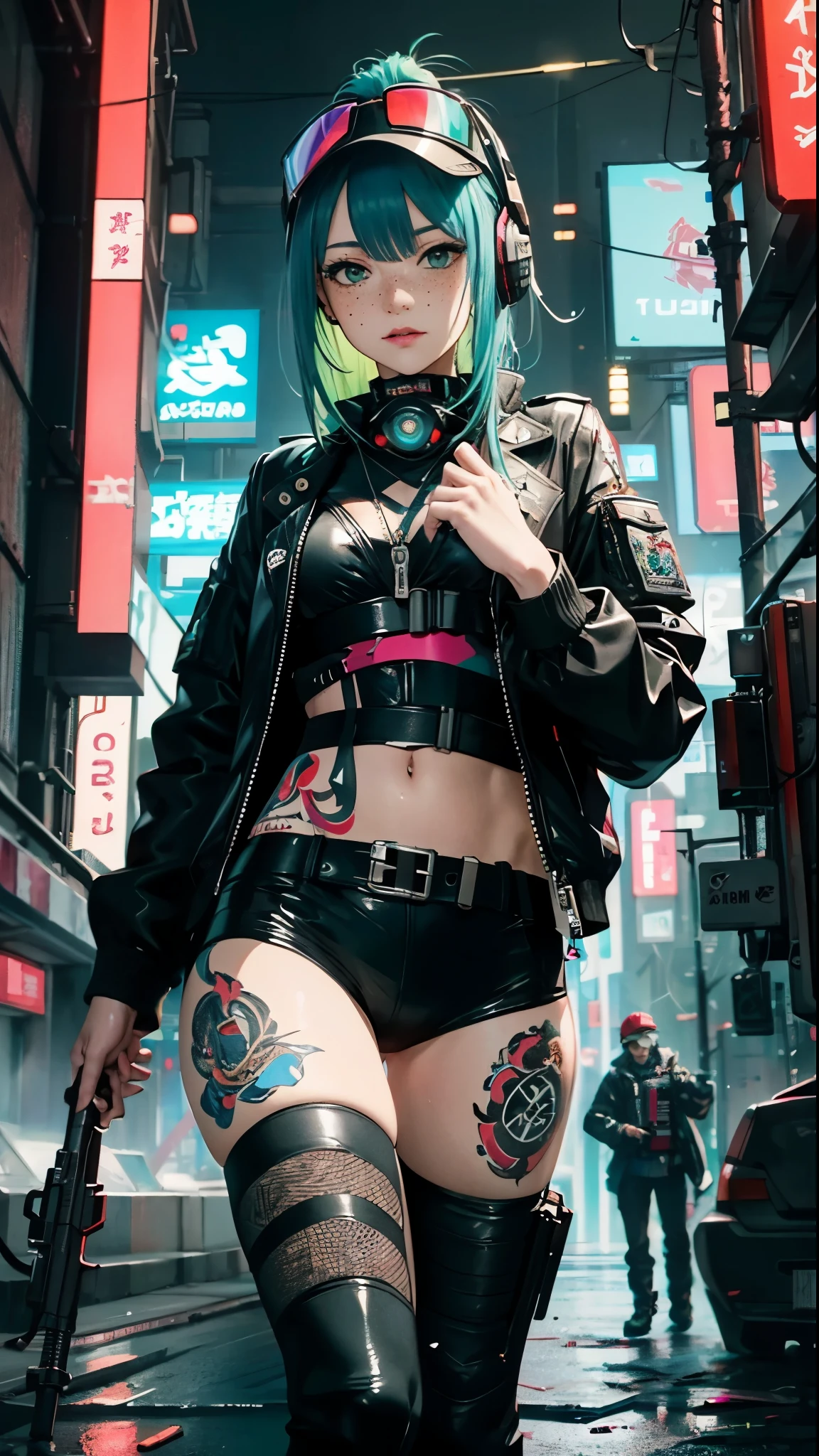 ((Best Quality)), ((Masterpiece)), mature, perfect eyes:1.2, holding a machine gun, detailed eyes:1.4, ((freckles)), woman, hightech visor, high tech, hacker, irezumi, tattoo, techwear, headphones, messy hair, multicolored hair, green hair, black jacket, gradient hair, leather clothes, (machine gun), (High Definition:1.3), 3D, Beautiful (Cyberpunk:1.3), Colored hair, militar, black clothes looking at camera, hacker woman, sticking out, sexual, seduction, neo tokyo