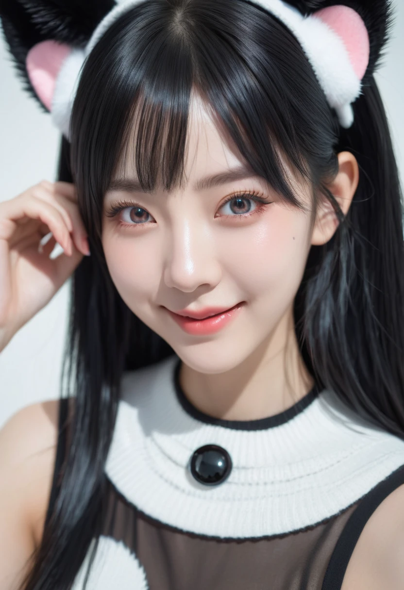 black hair, hair bobbles, wince, longeyelashes, solid circle eyes, fake animal ears, light smile, ear blush, fang, Surrealism, drop shadow, anaglyph, stereogram, tachi-e, pov, atmospheric perspective, 8k, super detail, ccurate, best quality