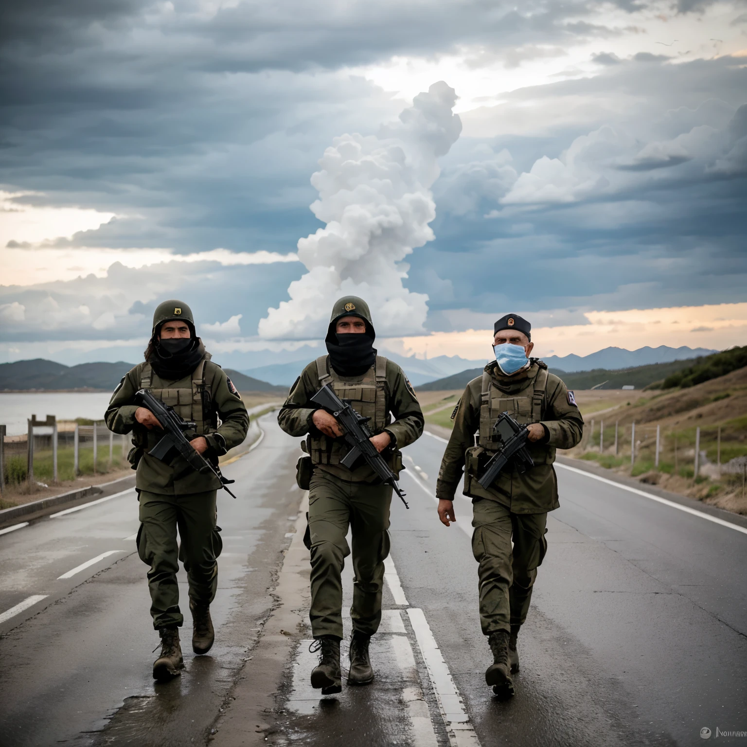 Tres soldados hombres argentinos caminando de espalda, mientras ayudan a cargar al soldado del medio herido, lo lllevan abrazado , caminan sobre un cerro de las islas malvinas donde se puede ver el oceano, con sus uniformes de el cuerpo militar argentino desgastado y manchado, el casco de guerra desabrochado y caminan cansados. El clima es lluvioso, cloudy and cold.