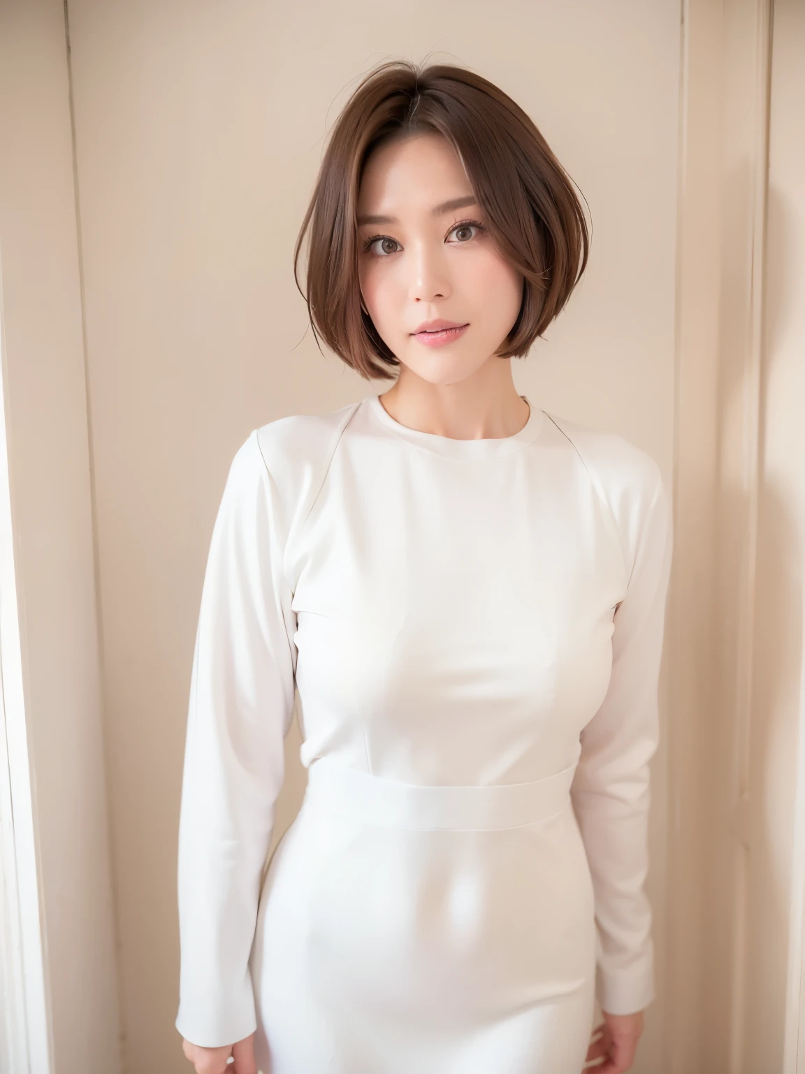 patterned long sleeve dress、table top、(background white wall、Taken in front of the white door:1.4)、((highest quality、8K、masterpiece:1.3))、Japanese woman in her 30s、ultra high resolution、(photogenuineistic:1.4)、Raw photo、Japanese,(face)、genuine、Photographed in natural light、Highly detailed face and skin texture、highly detailed lips、correct state of the human body、shortcut、short hair、short hair、brown hair、various poses、natural color lip、(She is facing to the left:1.2)