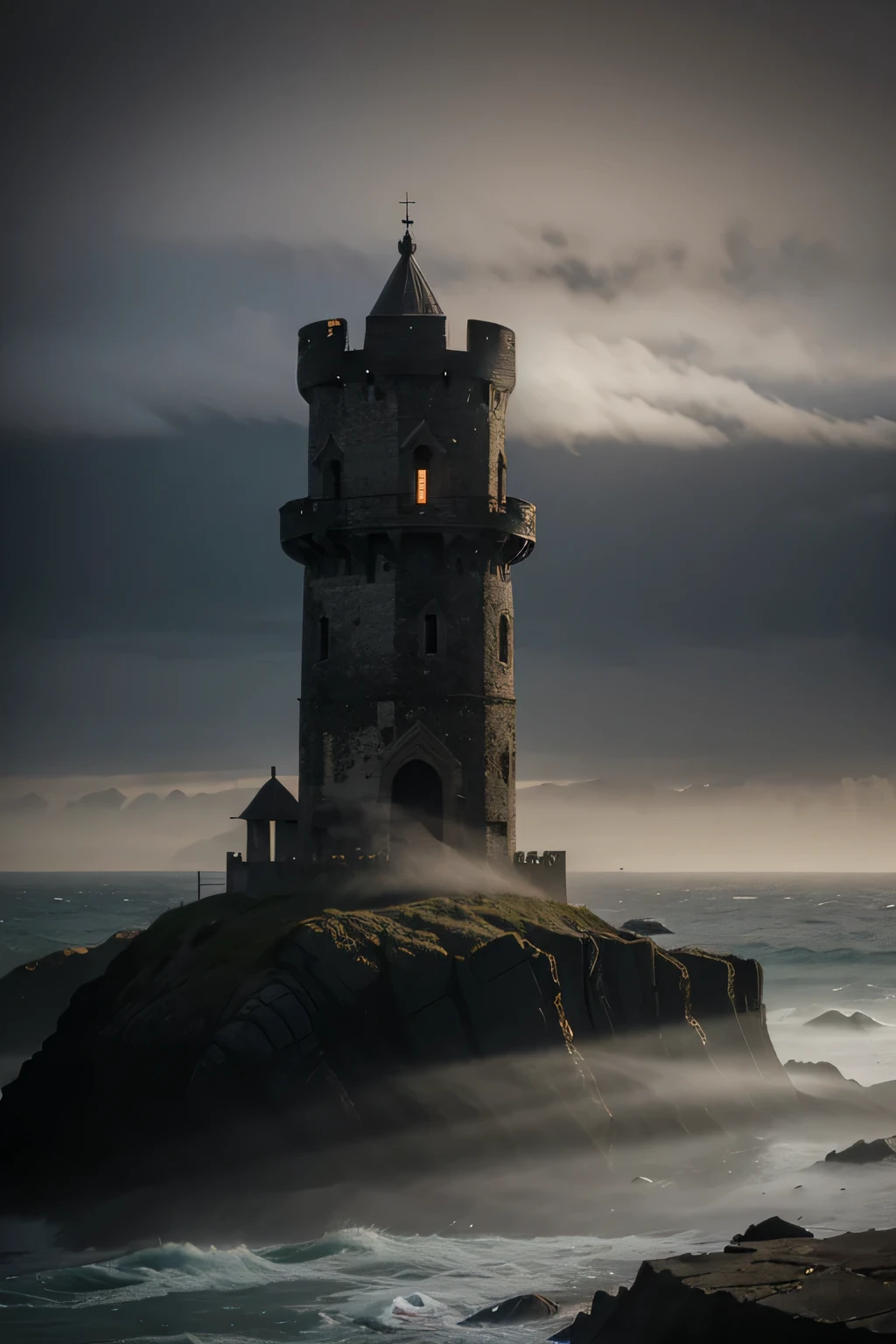Tall medieval tower shrouded in dark shadowed fog on a rock and oceans surrrounding it