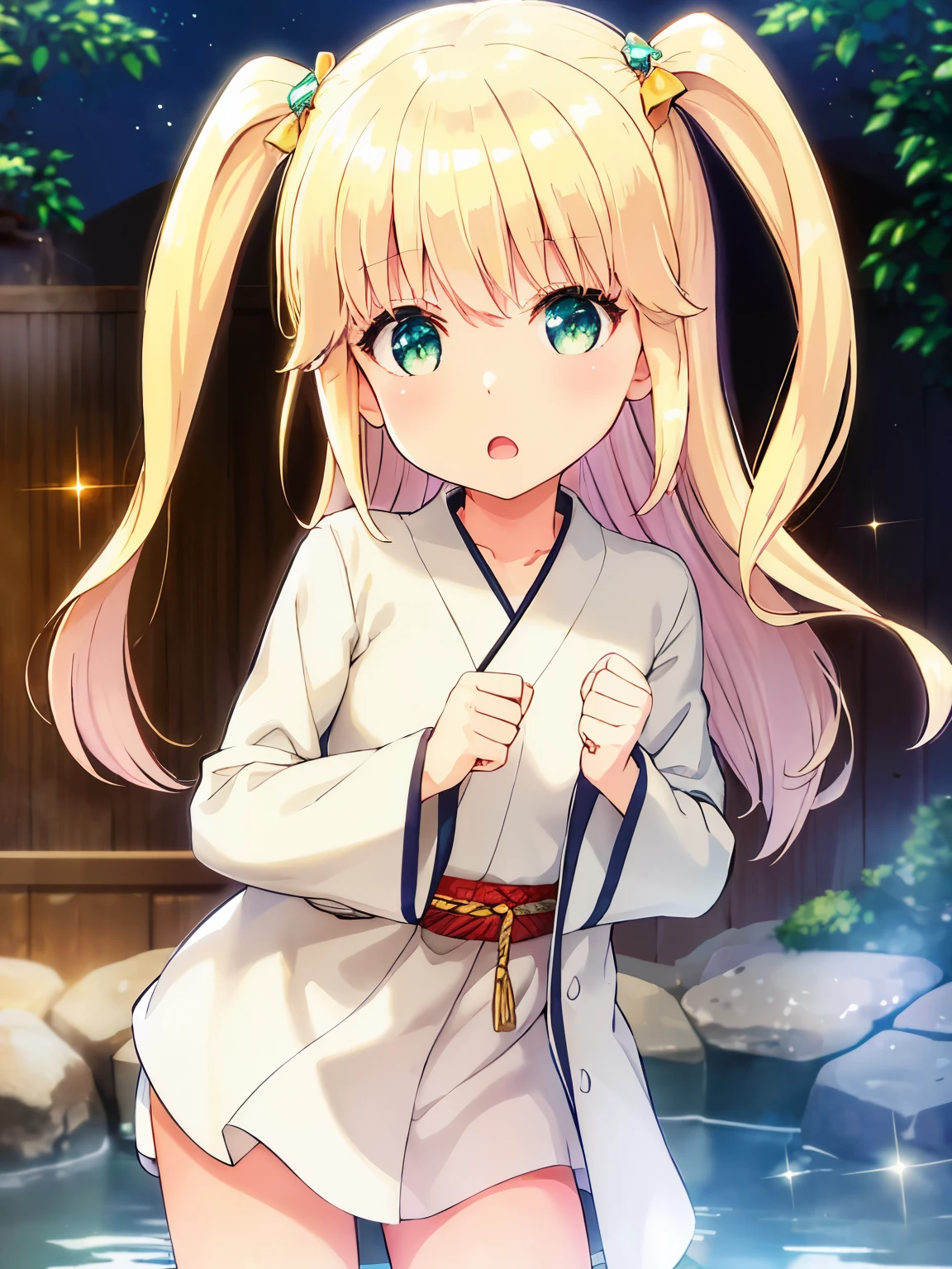 solo, 1 girl, highest quality, very detailed, (masterpiece), (illustration), onsen, in onsen, night, ind○○r, upper body, face, face focus, from front, open kimono, long sleeves, blonde hair, long hair, green eyes, two side up, eyebrows visible through hair, shine, bangs, shine, Lens flare, flat chest, shy, blush, (looking at viewer), Face-to-face audience, throw, :o, 