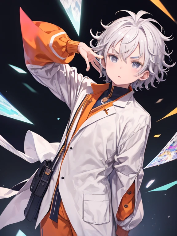 masterpiece, highest quality, Medium wide shot、cowboy shot、boy with short curly hair, silver hair、white skin, gray eyes、Winter clothes、fluffy collar、white and orange short sleeve jacket、White and orange shorts、V-shaped eyebrows、fantasy、