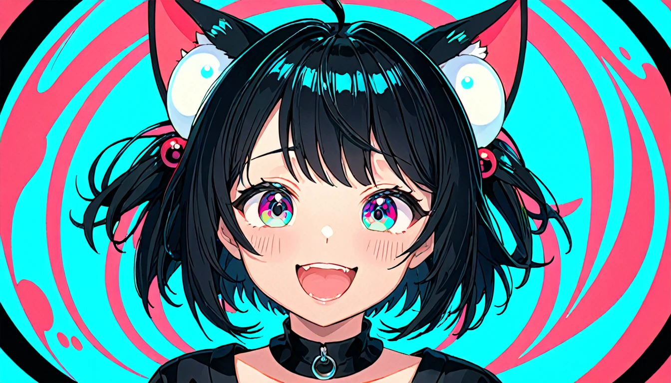 black hair, hair bobbles, wince, longeyelashes, solid circle eyes, fake animal ears, light smile, ear blush, fang, Surrealism, drop shadow, anaglyph, stereogram, tachi-e, pov, atmospheric perspective, 8k, super detail, ccurate, best quality