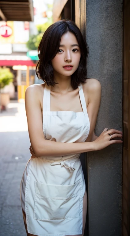 ((top quality, 8k, masterpiece: 1.3)), 1 beautiful Japan girls, beauties with slender abs: 1.3, (medium short hair, big: 1.2), (white naked apron: 1.3), ultra-detailed face, detailed eyes, double eyelids, Cafe Background, leaning forward, hands on knees,
