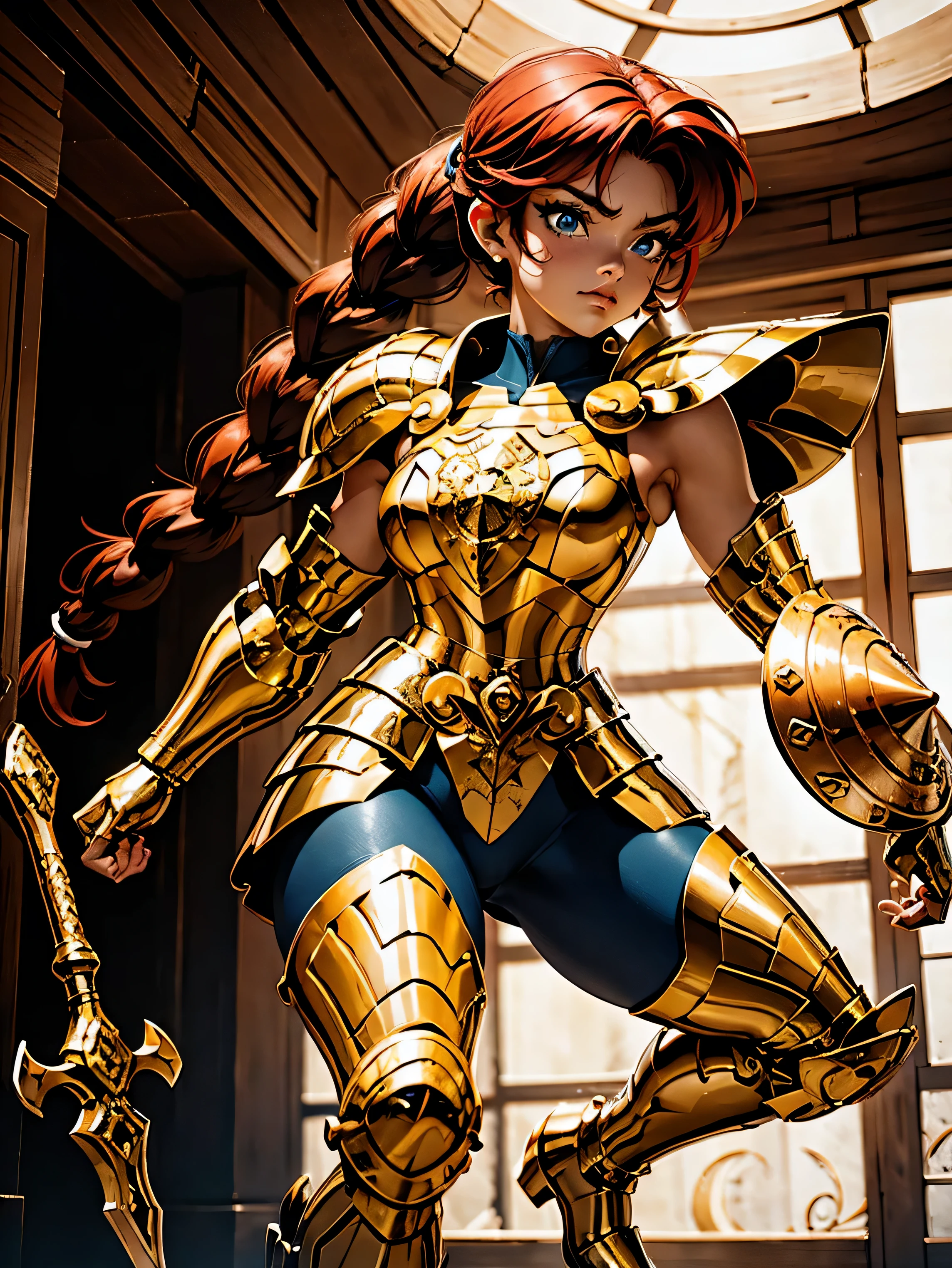 Garota anime ruiva guerreira, com armadura de ouro, red armored, 15 anos, corpo bonito, seios grandes, postura de combate, segurando espada, Garota sexy, red hair with braid, mechas de cabelo laterais, mechas de cabelo na lateral do rosto, beautiful lighting, sombras suaves, olhos azuis, pernas bonitas, short hair with braid, estilo anime, Ranma Chan, Autora Rumiko Takahashi, Baseado em obra de Rumiko Takahashi, Anime Ranma 1/ 2, guerreira sexy, quadril robusto, corpo inteiro, corpo inteiro, busto grande, garota jovem com orelhas de raposa, corpo belo e bonito, boots on feet, garota 15 anos jovem baixa estatura, usando armadura de ouro, garota anime, estilo anime, feet with black boots, front view angle, ao ar livre, red hair braid, postura ereta, corpo em postura reta, olhos grandes, armadura de ouro