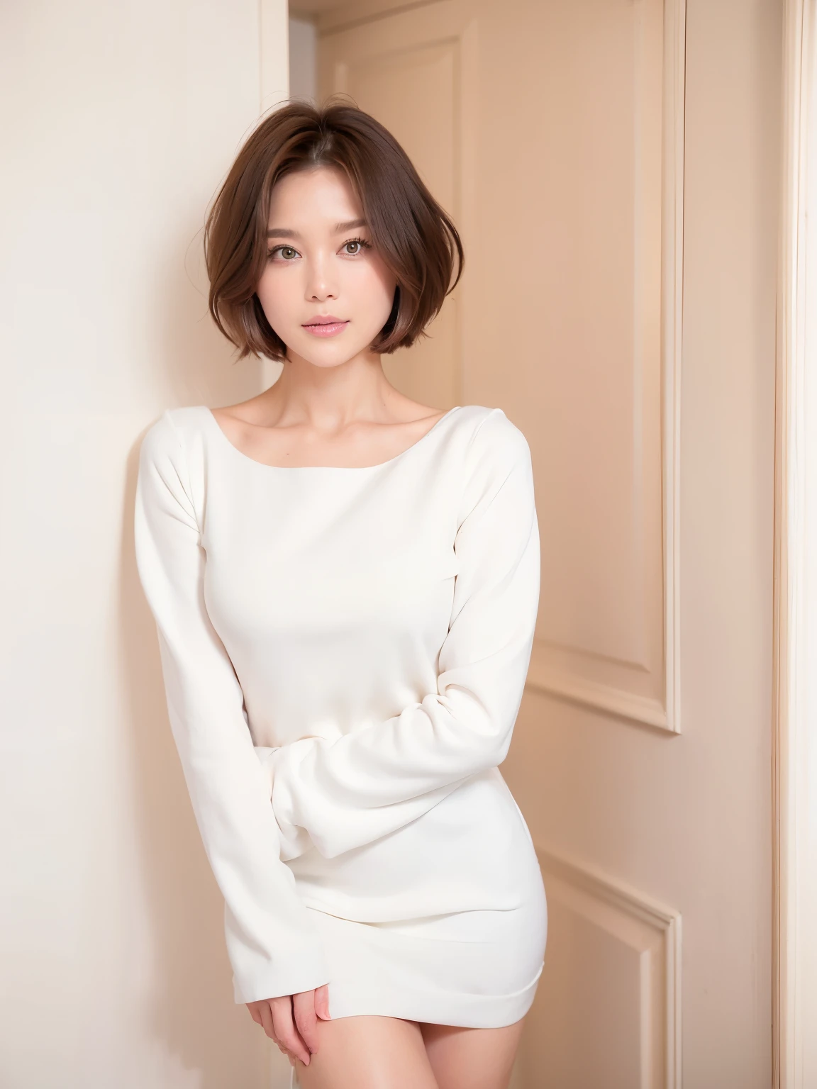 patterned long sleeve dress、table top、(background white wall、Taken in front of the white door:1.4)、((highest quality、8K、masterpiece:1.3))、38 years old、ultra high resolution、(photogenuineistic:1.4)、Raw photo、Japanese,(face)、genuine、Photographed in natural light、Highly detailed face and skin texture、highly detailed lips、correct state of the human body、shortcut、short hair、short hair、brown hair、various poses、natural color lip、（She is facing to the left：1.5）