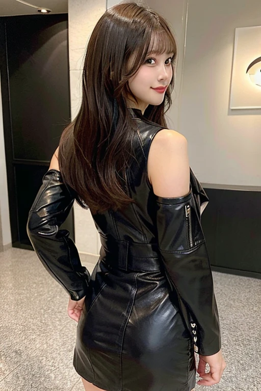 She is wearing a black leather jacket. Very beautiful back. Rear view. Very beautiful butt. Model-like Japanese girlfriend. Japanese girl. The background is a hotel. She is wearing a black leather tight miniskirt. She is a very beautiful brown-haired girl. She is wearing a black leather jacket. She has a very beautiful back. She has a very beautiful butt. She is wearing a tight black miniskirt made of leather. She turns around and smiles. She has brown hair and has bangs. She has ulzzang hair.