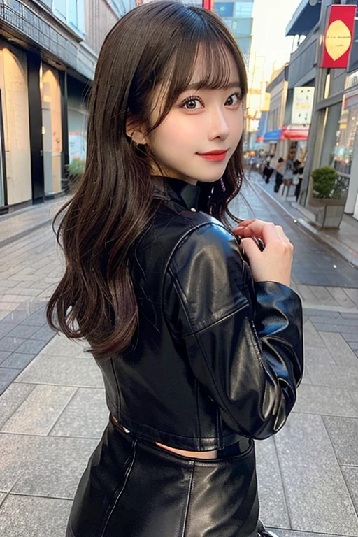 She is wearing a black leather jacket. She has a very beautiful back. Back view. Very beautiful butt. Model-like Japanese girlfriend. Japanese girl. The background is a hotel. She is wearing a tight black leather miniskirt. Very beautiful brown haired girlfriend. She is wearing a leather black jacket. She has a very beautiful back. She has a very beautiful butt. She is wearing a tight black leather miniskirt. Looking back. Smiling. Brown hair. Bangs. Ulzzang hair. NSFW.