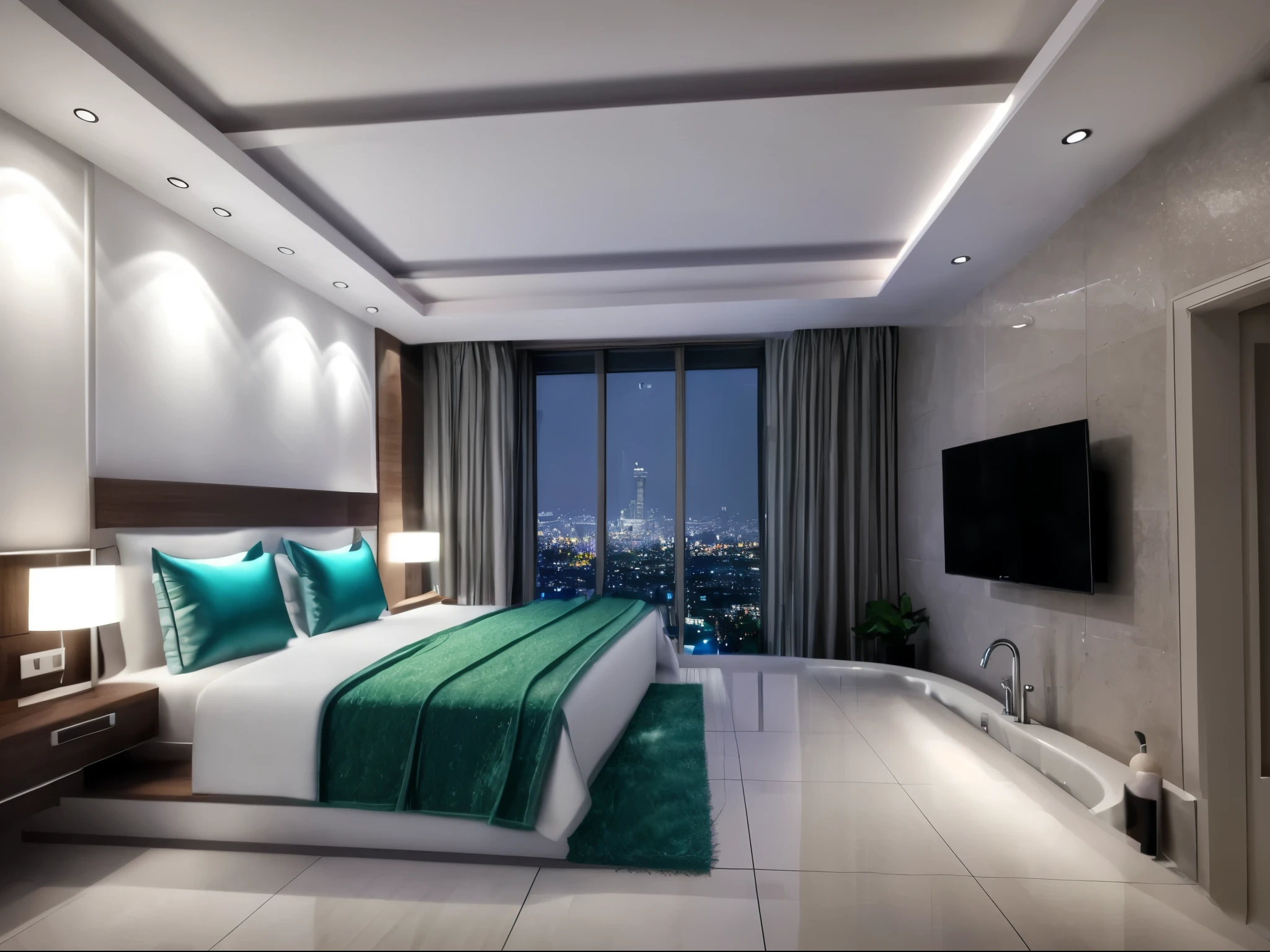 the window is open, night city view, The bathtub is next to the window. luxury crystal ceiling lamp