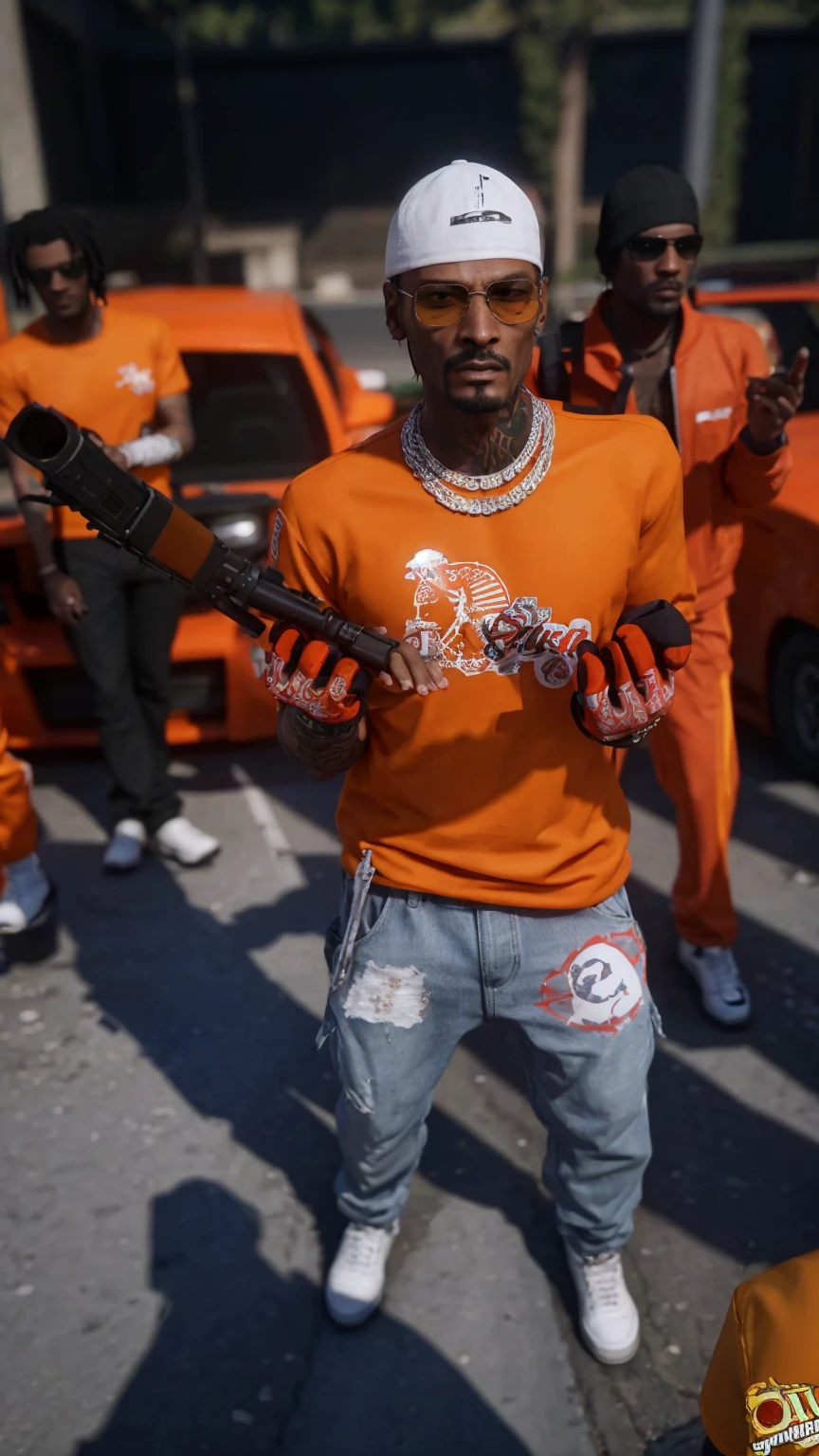 there is a man in an orange shirt and some other people, detalhes de crips, mechanical punk clothing, Snoop Dogg no GTA V, estilo de rua gta v, estilo gta 6, personagem gta, foto de corpo inteiro hiperdetalhada, estilo gta5, High detail iconic character, como um personagem do GTAV, dressed in orange prison attire, roupas altamente detalhadas, estilo de gta v