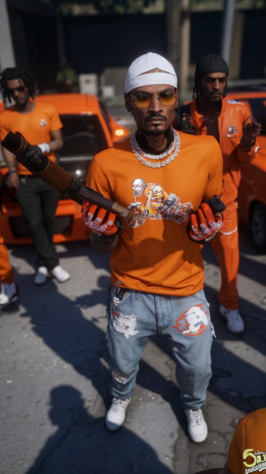 there is a man in an orange shirt and some other people, detalhes de crips, mechanical punk clothing, Snoop Dogg no GTA V, estilo de rua gta v, estilo gta 6, personagem gta, foto de corpo inteiro hiperdetalhada, estilo gta5, High detail iconic character, como um personagem do GTAV, dressed in orange prison attire, roupas altamente detalhadas, estilo de gta v