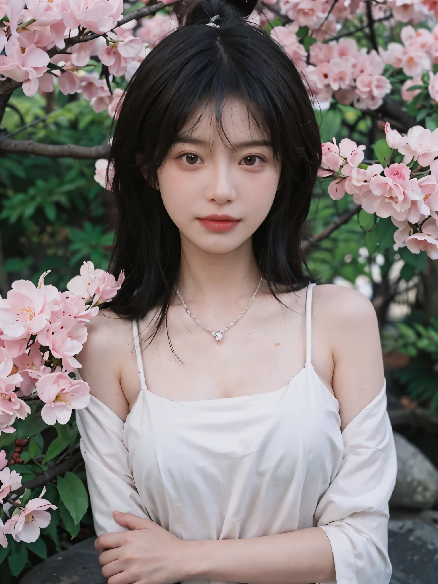 best quality， ultra high resolution， （realistically：1.4）， Cute tiara，Baoyu Girl， A pair of clear and charming peach blossom eyes,Royal sister，The sun shines on the face，Long curly hair，（under the cherry blossom tree：1.4），（necklace：1.2），（White skin：1.4），（Full body female love：1.2）a sense of atmosphere，a beautiful girl，looking directly at the viewer， Close-up cleavage ，(lifelike:1.4),1 girl,Sexy,(Upper body:1.4),(wet),(:1.2)